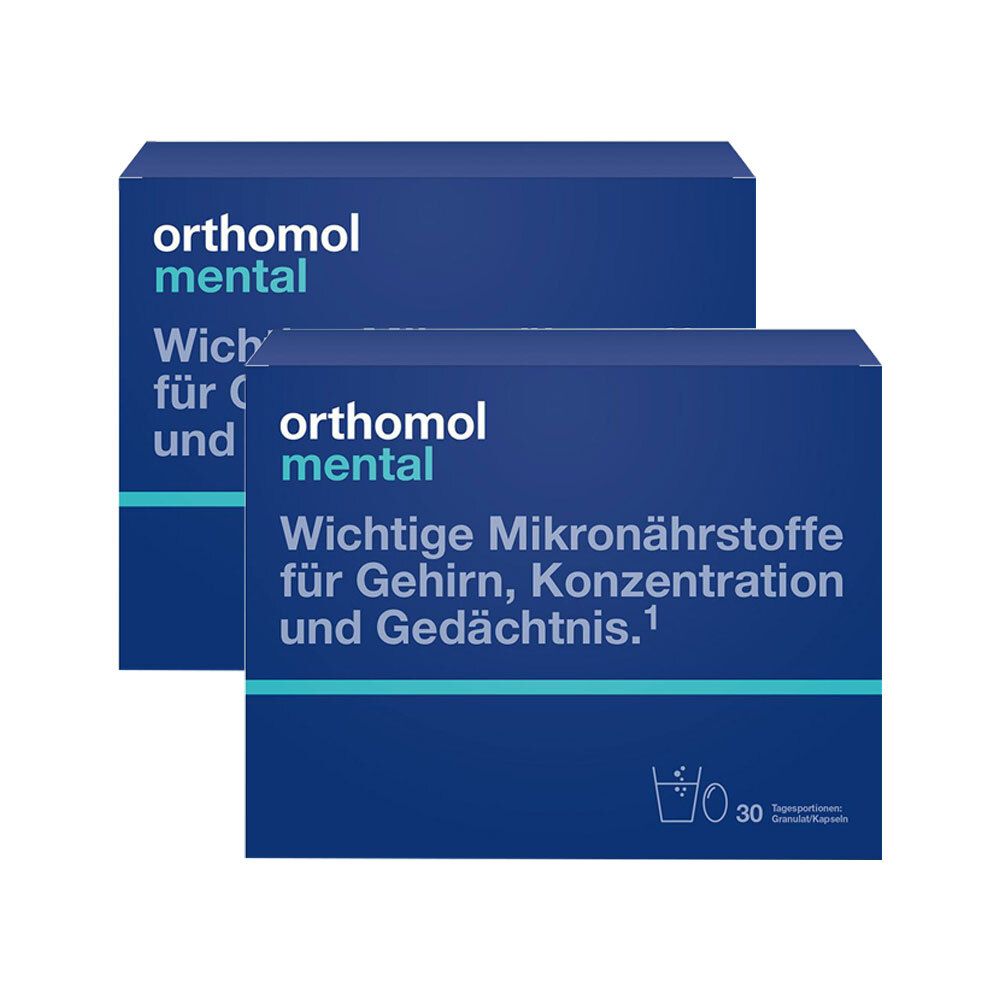 Zwei blaue Kartons Orthomol mental. Aufdruck: Wichtige Mikronährstoffe für Gehirn, Konzentration und Gedächtnis.