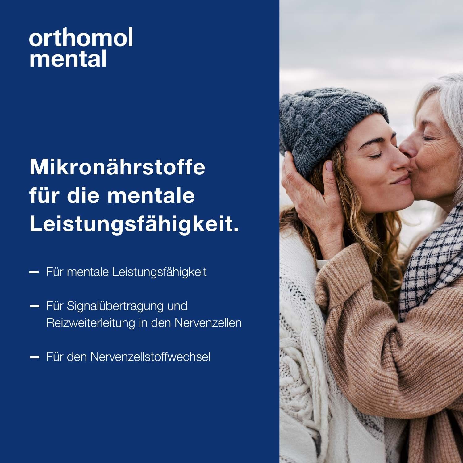 Frau küsst Frau. Text: Mikronährstoffe für die mentale Leistungsfähigkeit. Aufzählung von Vorteilen.