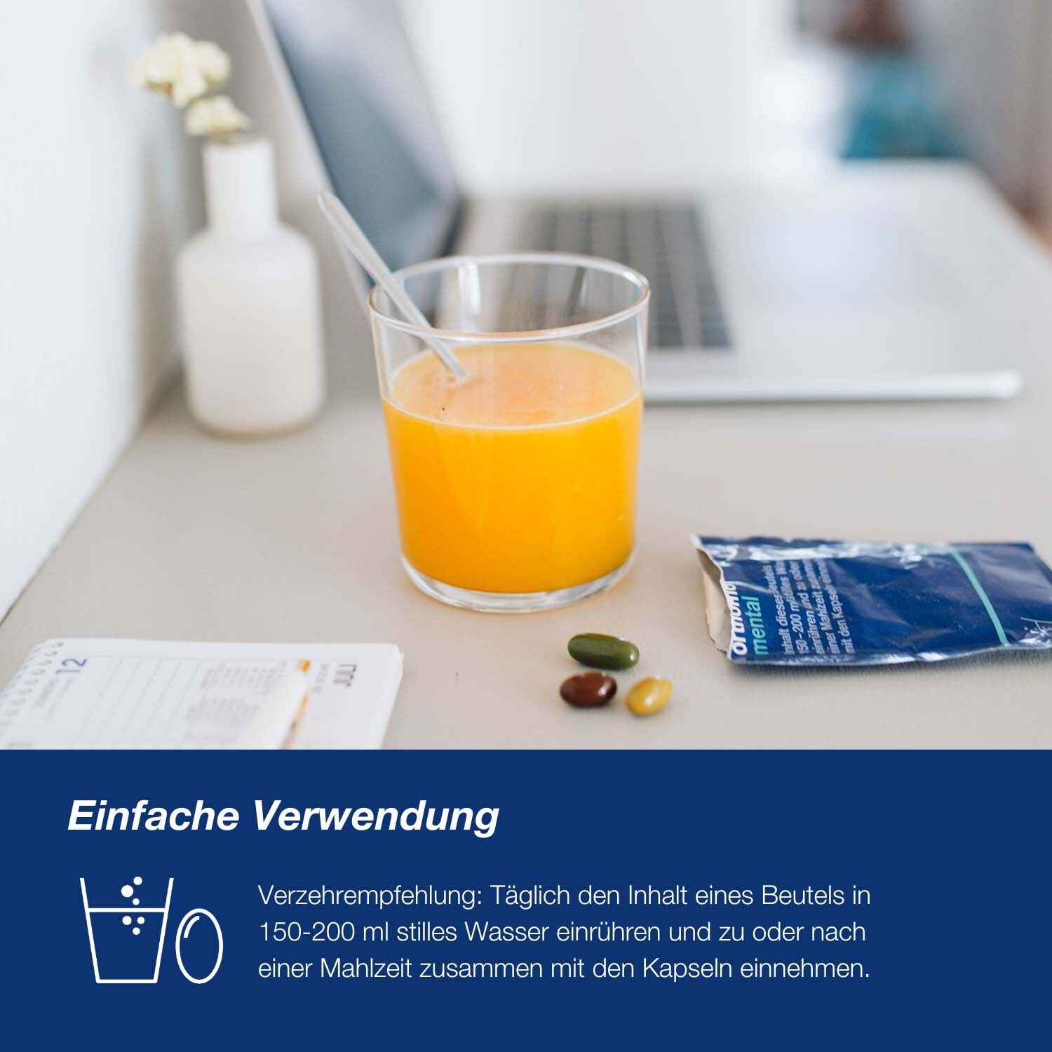 Glas Orangensaft, Kapseln und Beutel. Text: Einfache Verwendung. Verzehrempfehlung: Inhalt in Wasser einrühren.