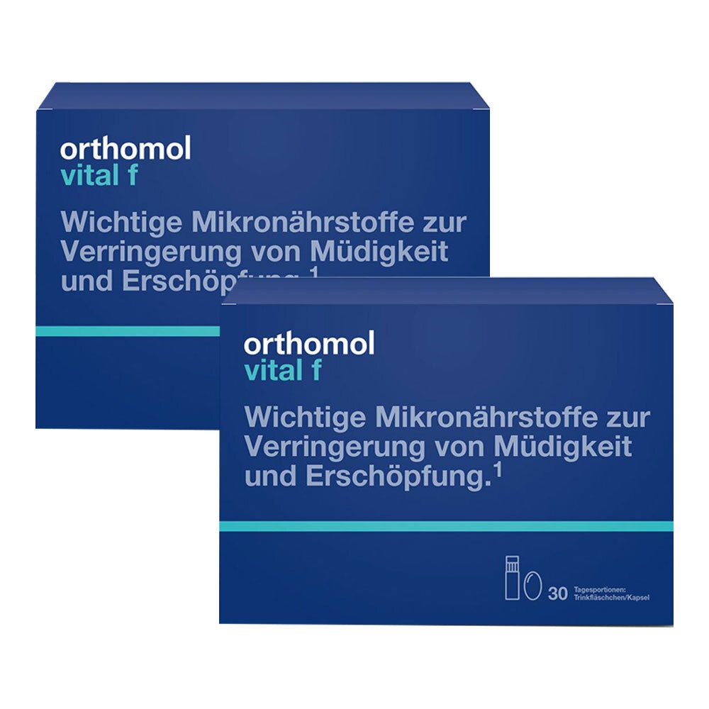 Zwei blaue Kartons. Aufschrift: Orthomol vital f. Wichtige Mikronährstoffe für Frauen. Bei Müdigkeit und Erschöpfung.