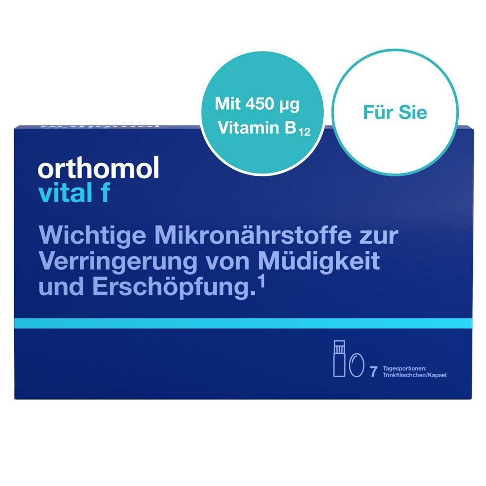 Blaue Schachtel. Aufschrift: Orthomol vital f. Wichtige Mikronährstoffe für Frauen. Mit 450 µg Vitamin B12.