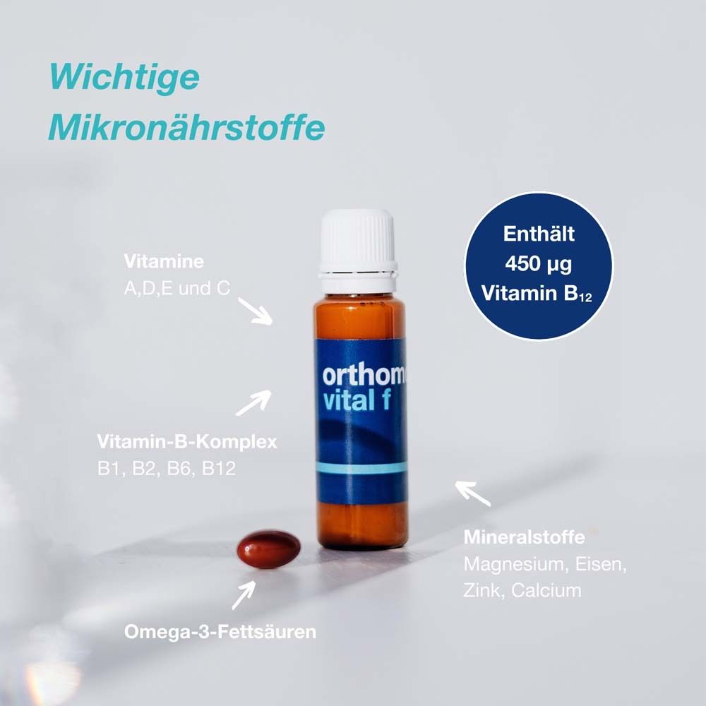 Braune Trinkampulle und Kapsel. Aufschrift: Orthomol vital f. Enthält Vitamine, Mineralstoffe, Omega-3-Fettsäuren.
