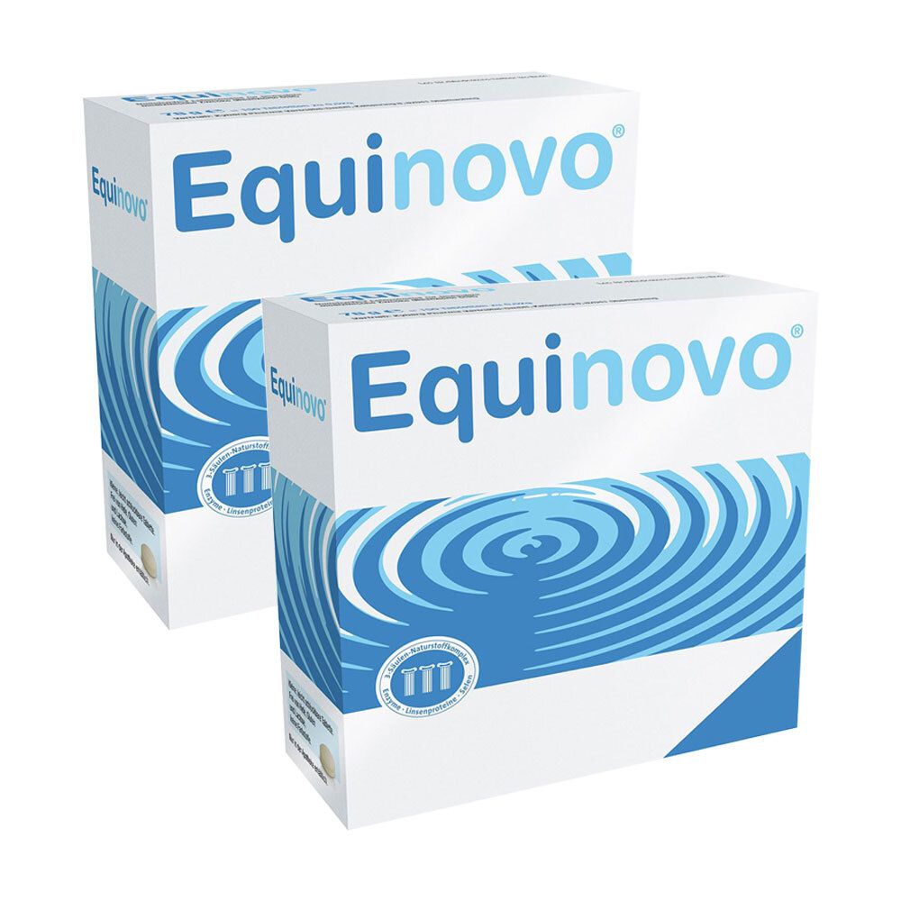 Zwei weiße Kartons mit blauem "Equinovo"-Schriftzug. Wellenmuster und Logo auf der Vorderseite. Zertifizierungszeichen.