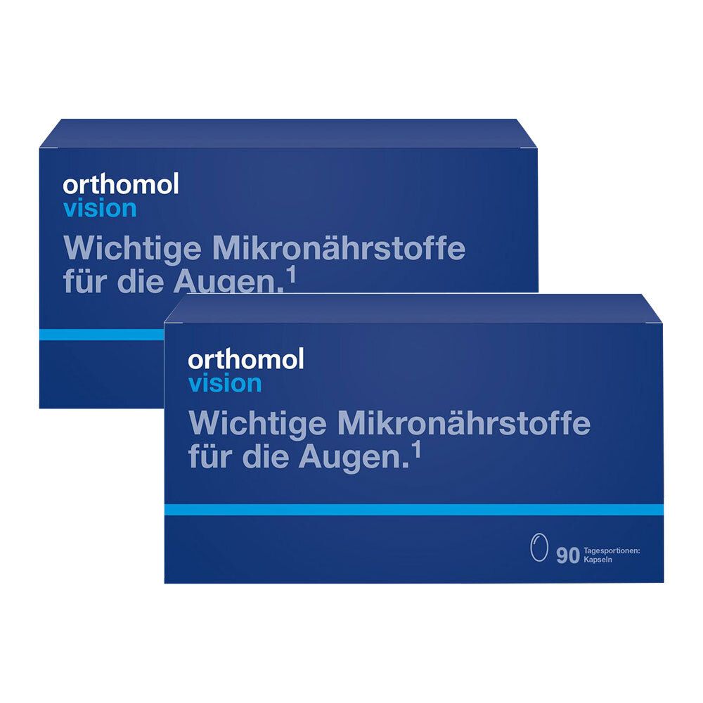 Zwei blaue Kartons mit der Aufschrift Orthomol Vision. Wichtige Mikronährstoffe für die Augen. 90 Kapseln.