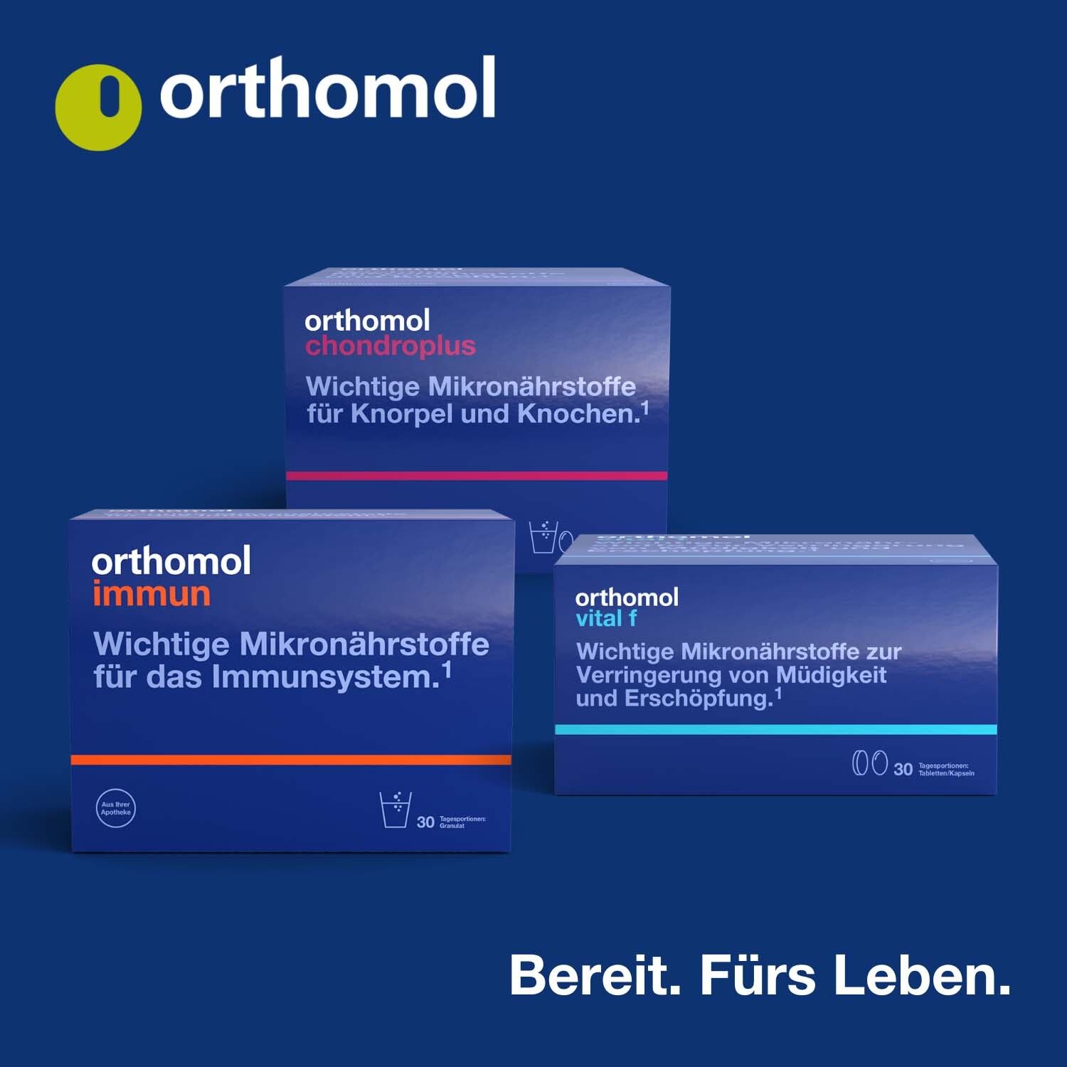 Drei blaue Boxen: Orthomol chondroplus, Orthomol immun, Orthomol vital. Wichtige Mikronährstoffe. Bereit. Fürs Leben.