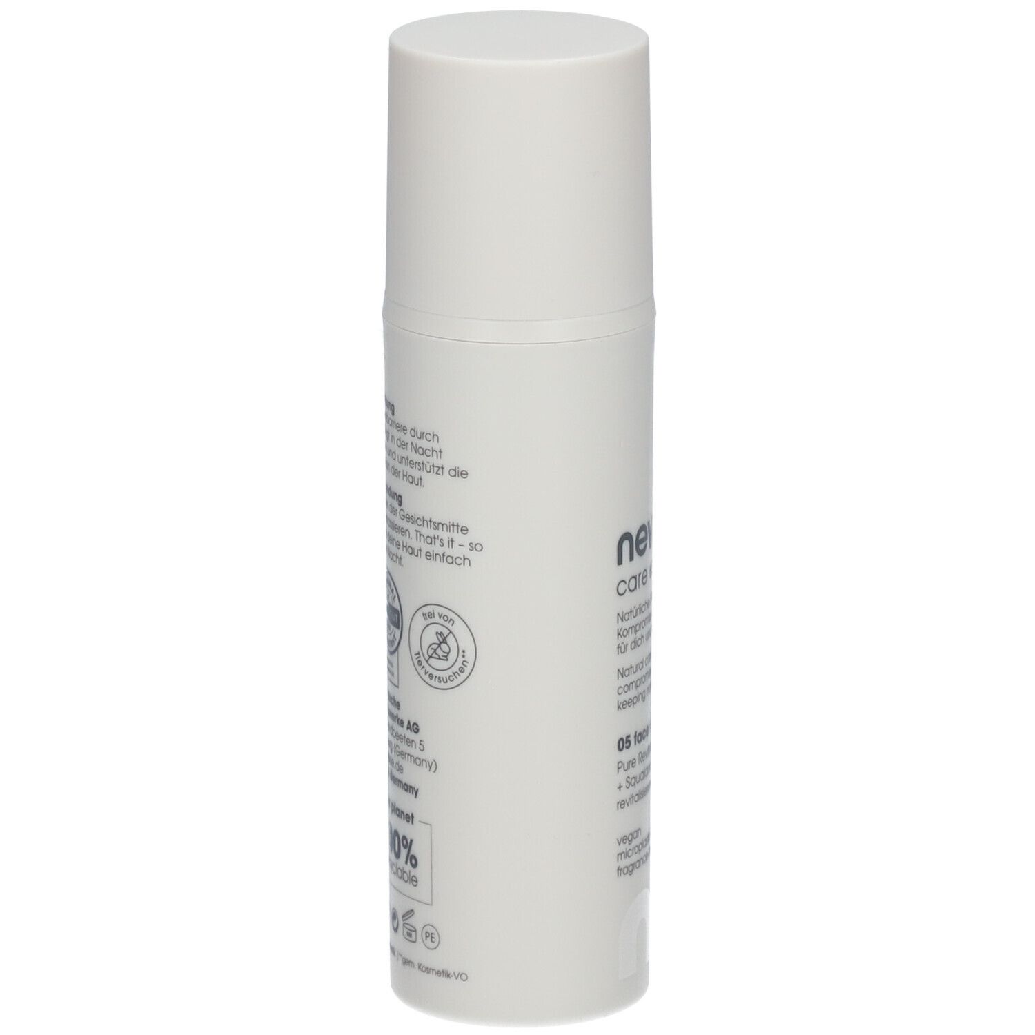 Weiße Flasche mit Deckel. Rückseite mit Text und Logos. Zertifizierungen: vegan, 100% recyclebar.