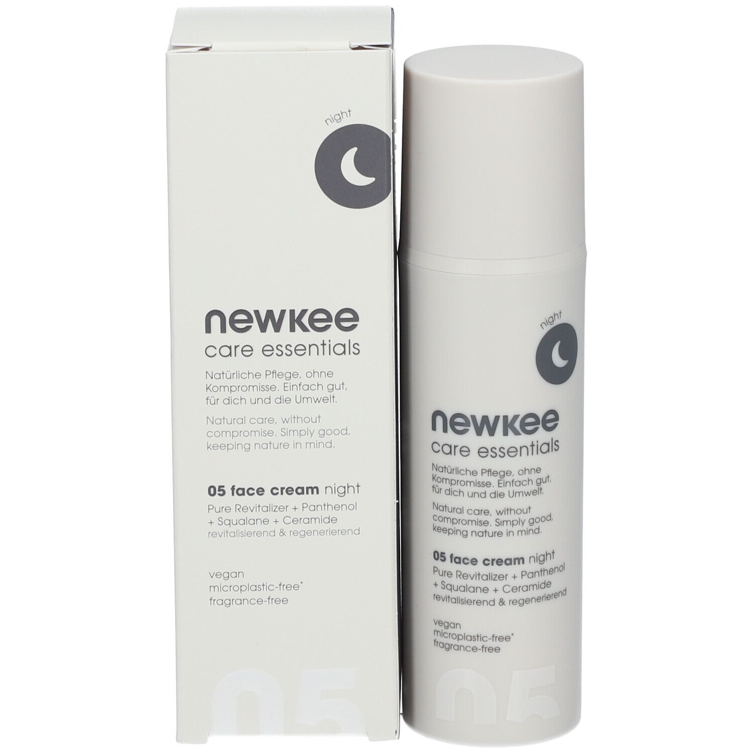 Weiße Flasche und Schachtel. Aufschrift: newkee care essentials, 05 face cream night. Nacht-Symbol.