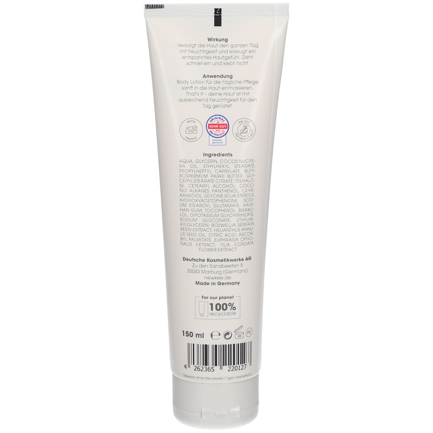 Rückseite der Tube. Text über Wirkung und Anwendung. Inhaltsstoffe und Zertifizierungen. "150 ml" und Barcode.