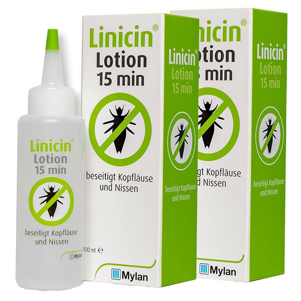 Eine Flasche und drei Schachteln mit "Linicin Lotion 15 min". Auf der Verpackung ist ein grünes Symbol mit einem Insekt abgebildet.