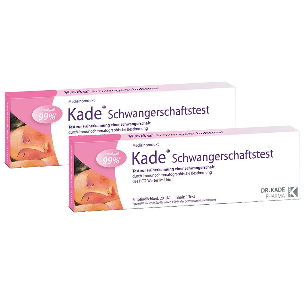 Zwei Packungen Kade® Schwangerschaftstest. Rosa und weiße Verpackung mit Produktnamen und Beschreibung. 99% Genauigkeit.