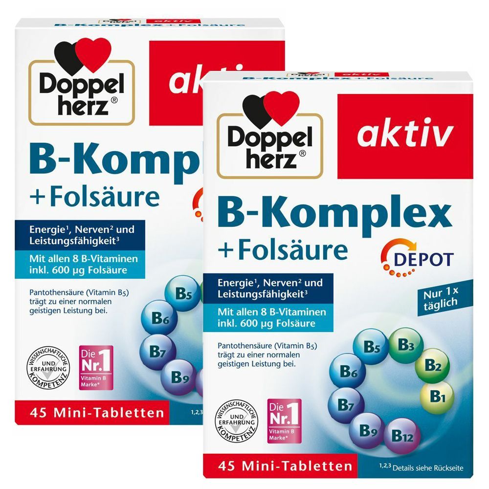 Zwei Packungen Doppelherz aktiv B-Komplex + Folsäure DEPOT Tabletten. Weiße Schachteln mit roter und schwarzer Schrift. Enthält 45 Mini-Tabletten.