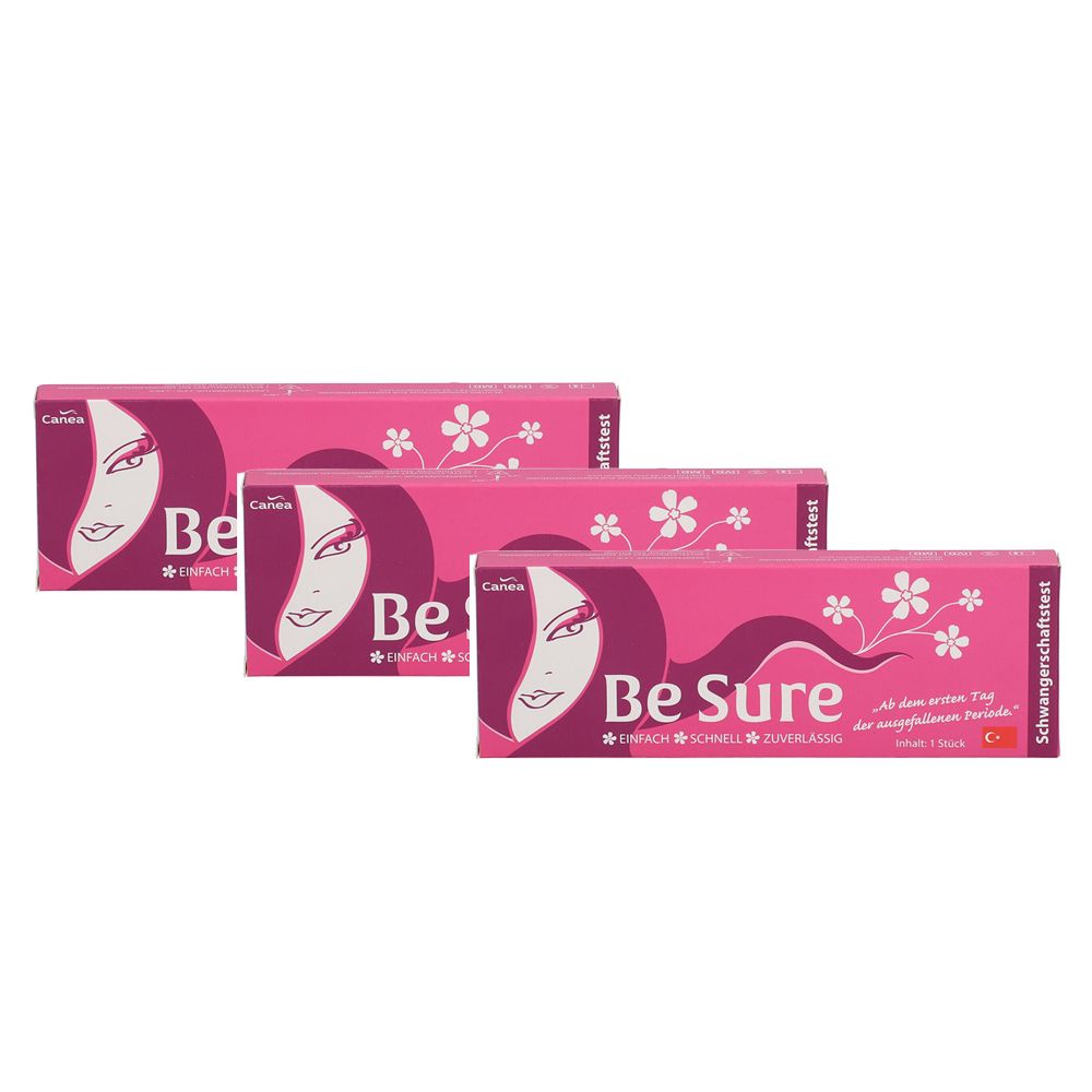 Drei rosa Verpackungen mit dem Aufdruck "Be Sure Schwangerschaftstest". Auf jeder Packung ist ein Frauenporträt und Blumen abgebildet.