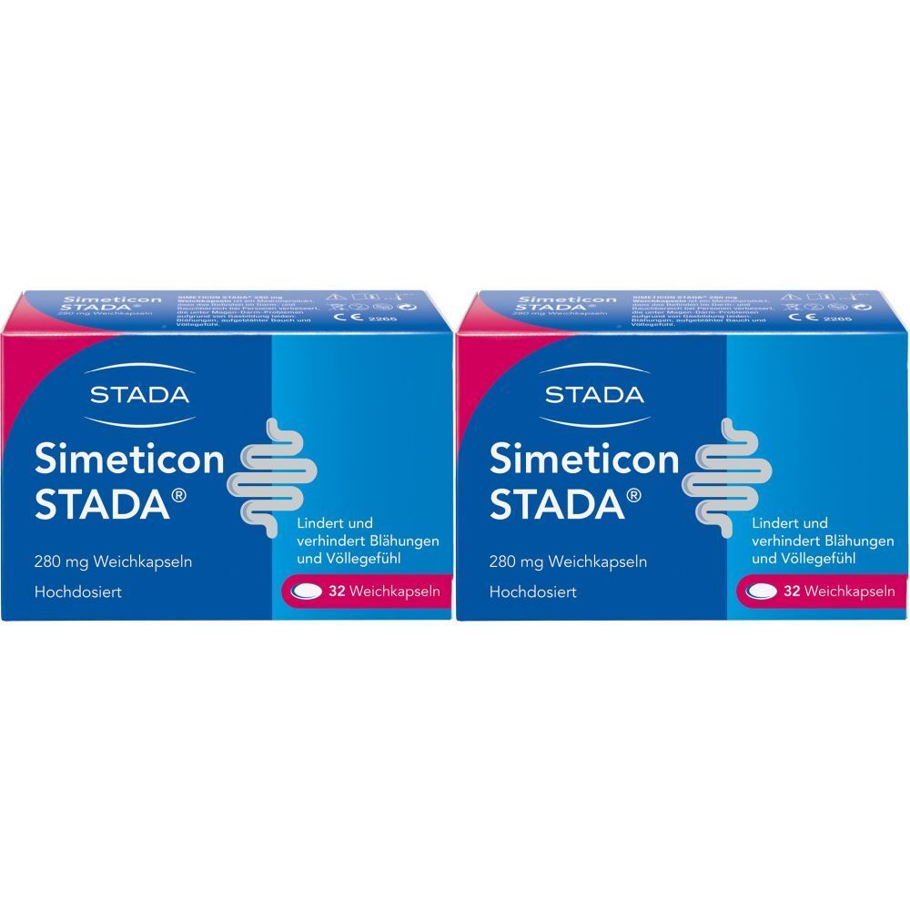 Zwei Schachteln Simeticon STADA 280 mg. Blaue Verpackung mit weißer Schrift und rotem Akzent. 32 Weichkapseln.