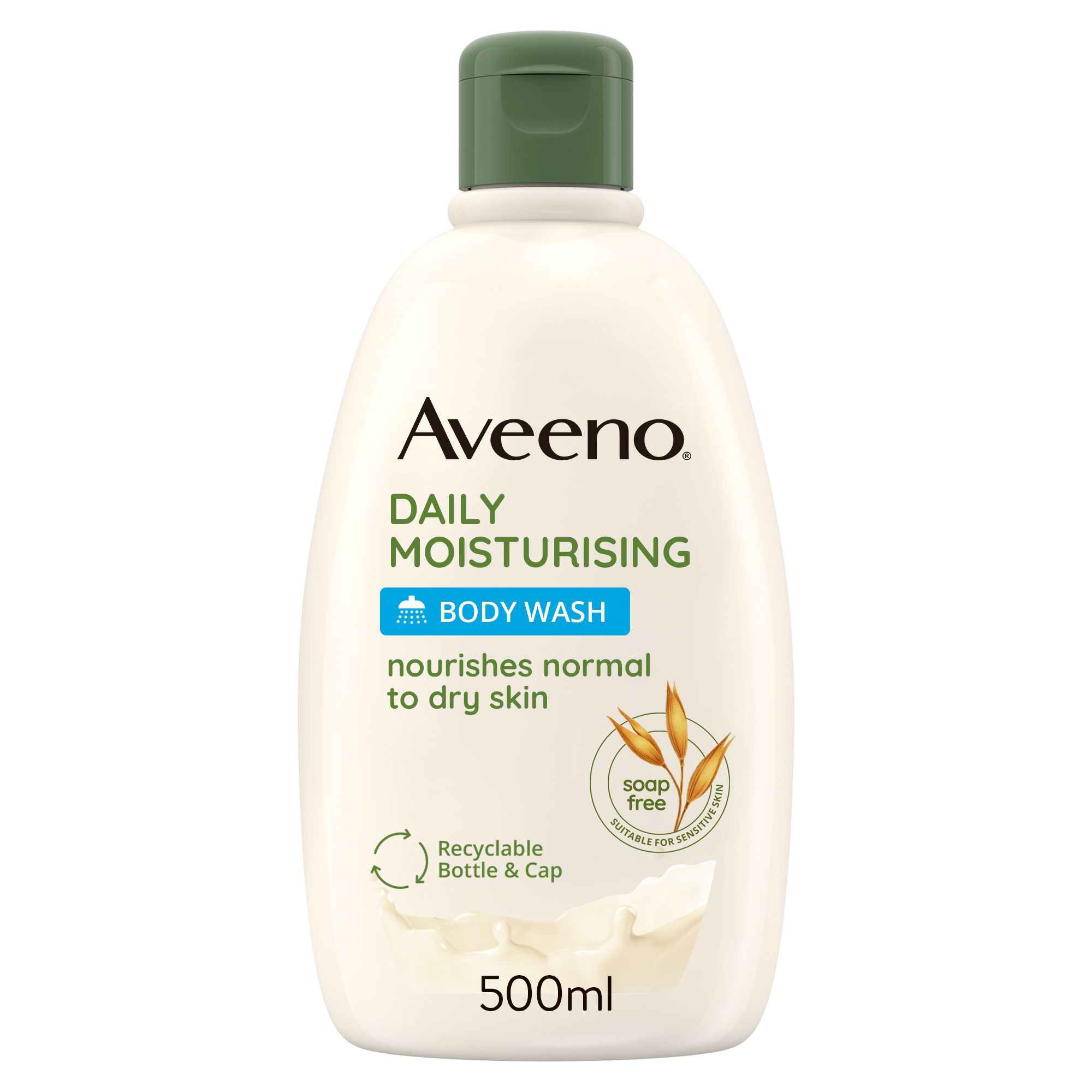 Weiße Flasche mit grünem Deckel. Aufschrift: Aveeno Daily Moisturising Body Wash. 500ml. Recycelbare Flasche & Deckel.