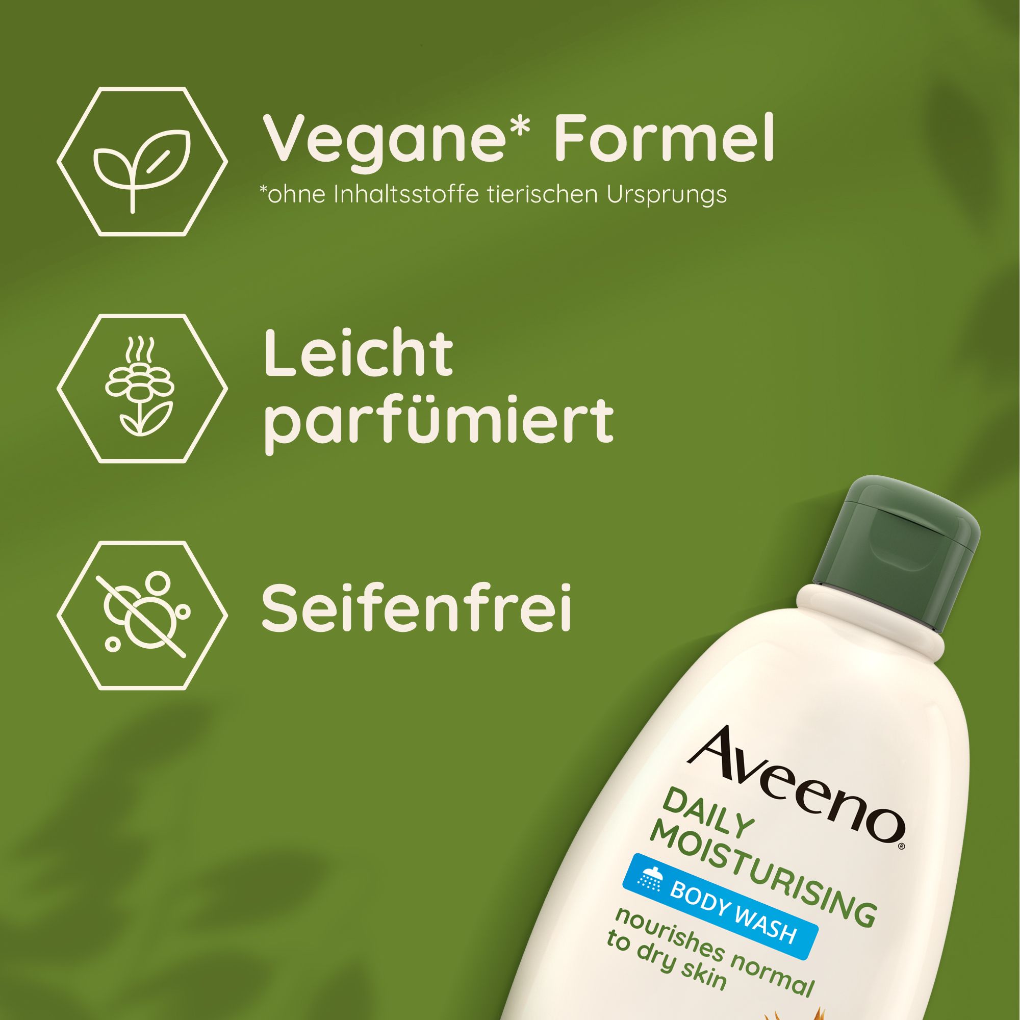 Flasche. Text: Vegane Formel, leicht parfümiert, seifenfrei. Aveeno Daily Moisturising Body Wash.
