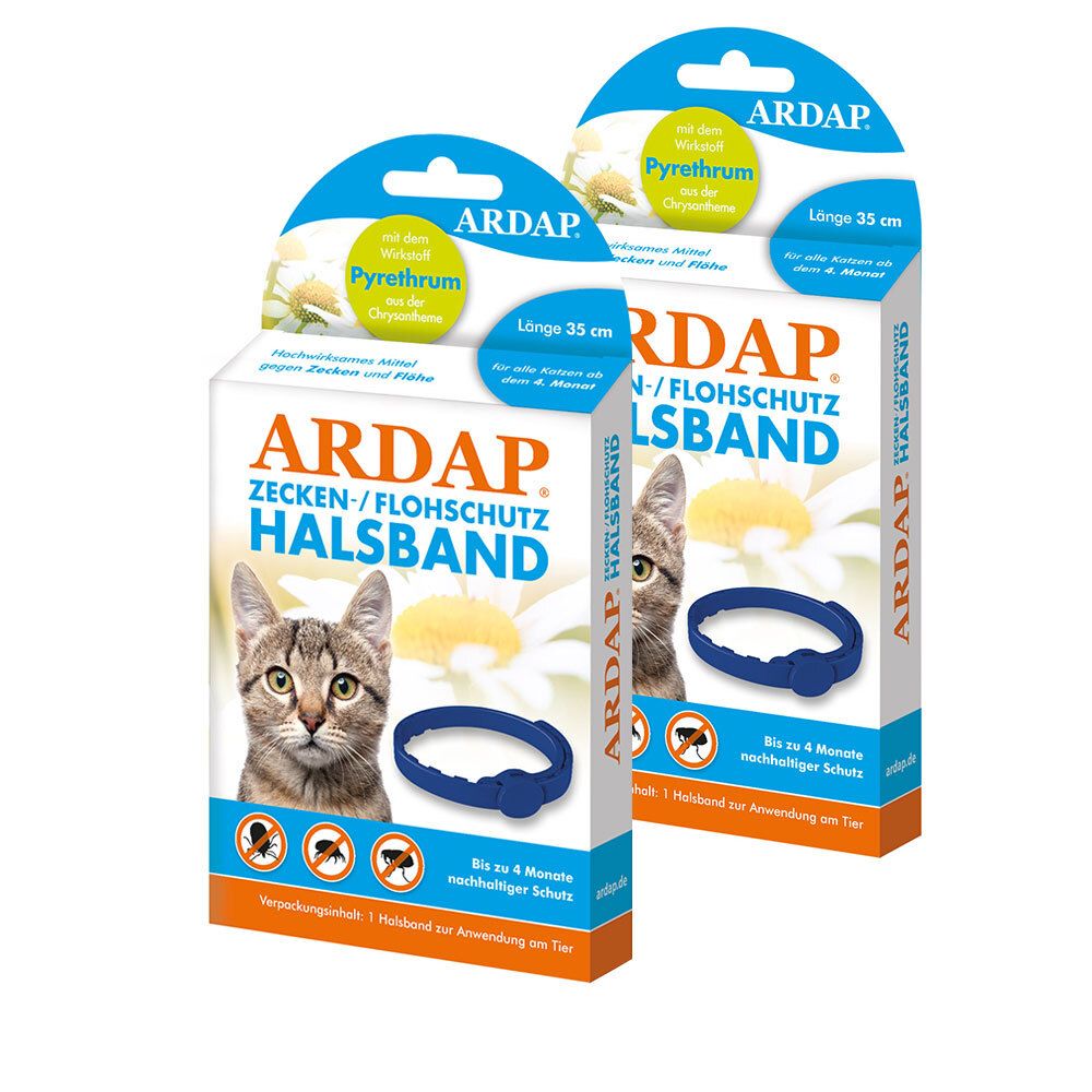 Zwei Packungen ARDAP Zecken-/Flohhalsband für Katzen. Blaue Halsbänder, Katze auf der Verpackung. Länge 35 cm.