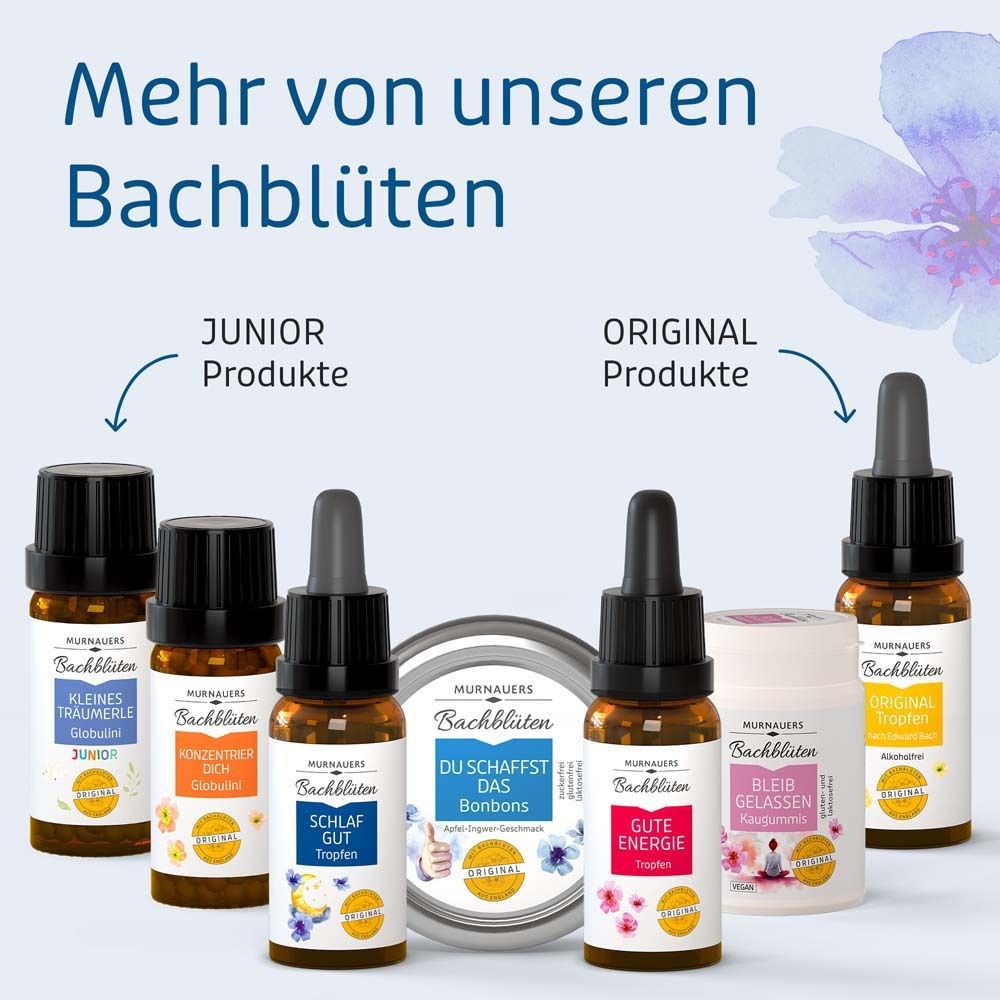 Verschiedene Produkte: Tropfen, Bonbons, Gel. Aufschrift: Junior, Schlaf Gut Tropfen, Gute Energie, etc.