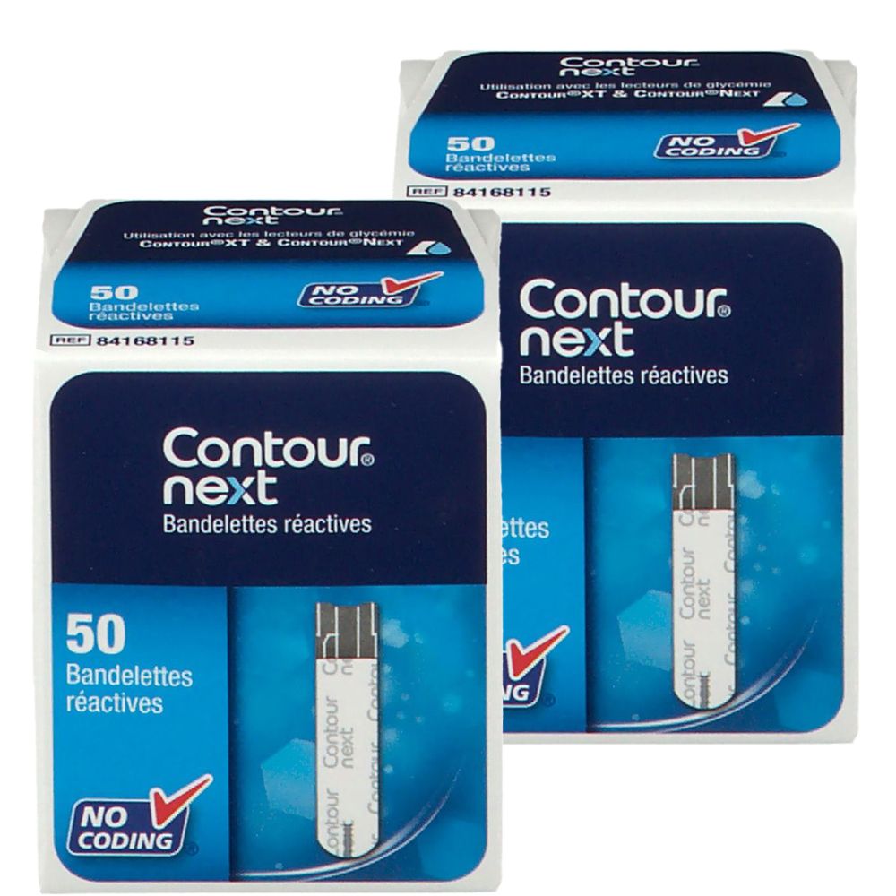 Drei Packungen Contour Next Teststreifen. Aufdruck: 50 Teststreifen, blaue Verpackung, Schriftzug Contour Next.
