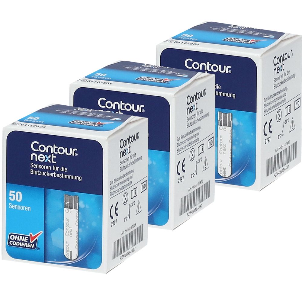 Drei Schachteln CONTOUR® next Sensoren. Auf jeder Schachtel steht "50 Sensoren". Aufdrucke: CE-Zeichen, ohne Codieren.