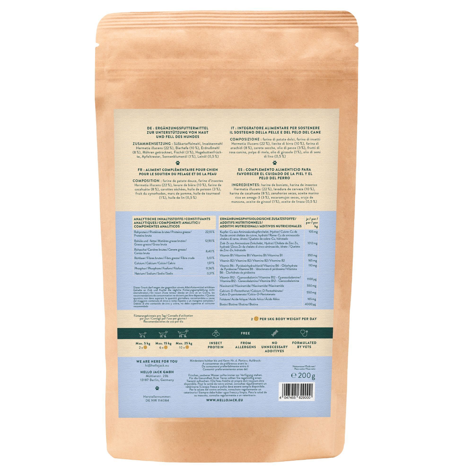 Rückseite des Beutels "Hello Jack Shine". Text in Deutsch, Italienisch, Französisch und Spanisch. Nährwertangaben.