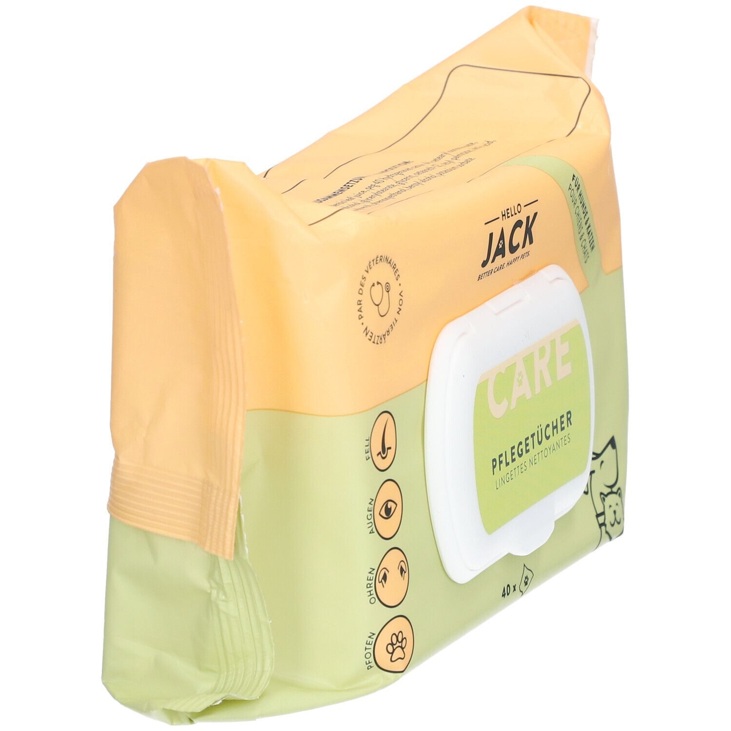 Schrägansicht der Verpackung mit Pflegetüchern. Grün-gelbe Verpackung mit Logo und Aufdrucken. 40 Tücher.