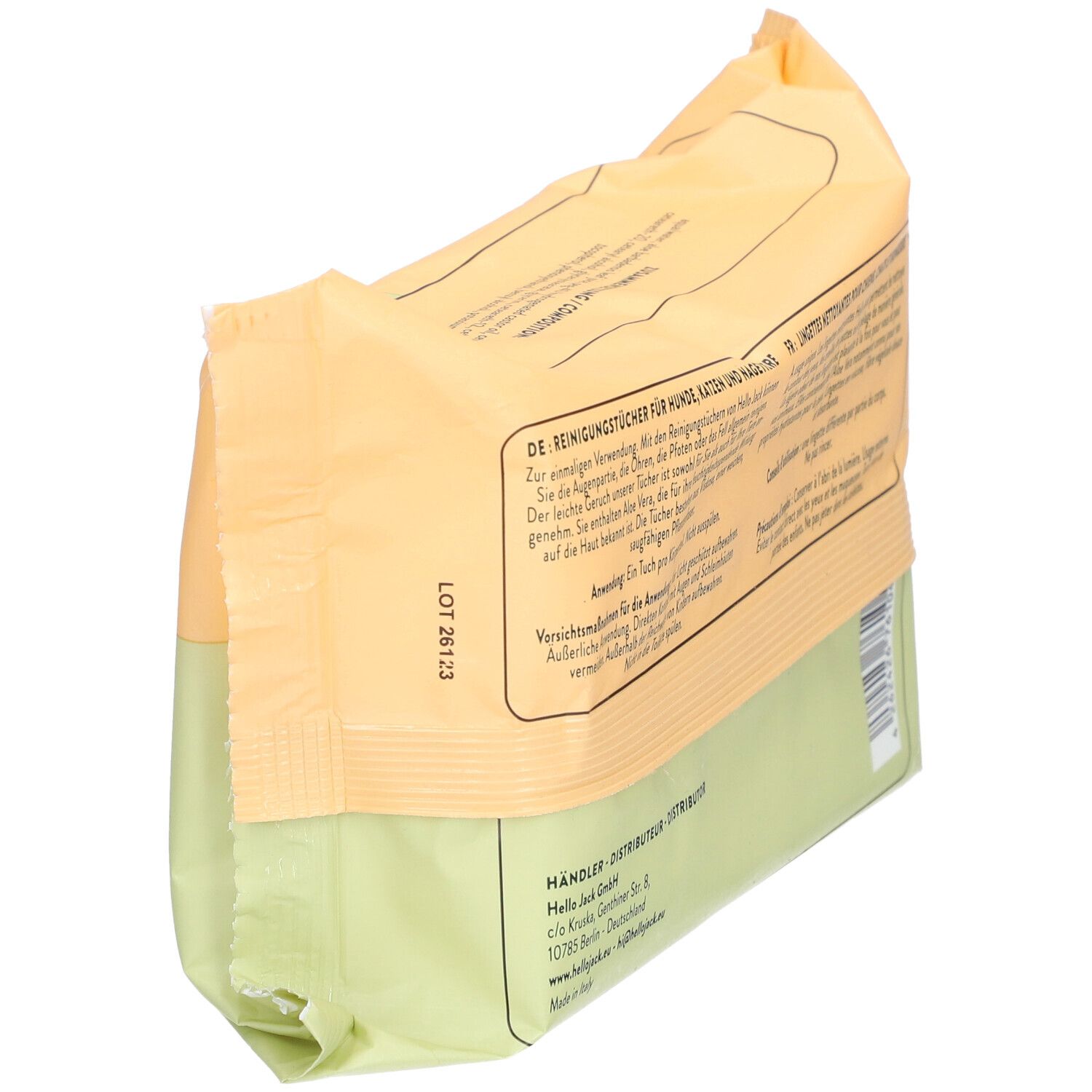 Rückseite der Verpackung mit Text. Grün-gelbe Verpackung mit Text in Deutsch. Chargennummer.