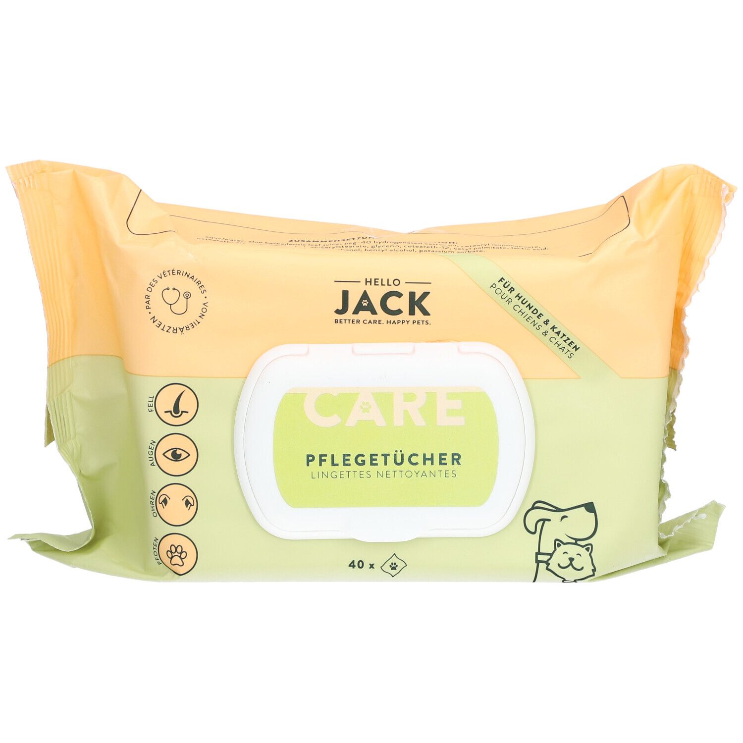 Verpackung mit Pflegetüchern für Hunde und Katzen. Grün-gelbe Verpackung mit Aufdrucken und Logo. 40 Tücher.