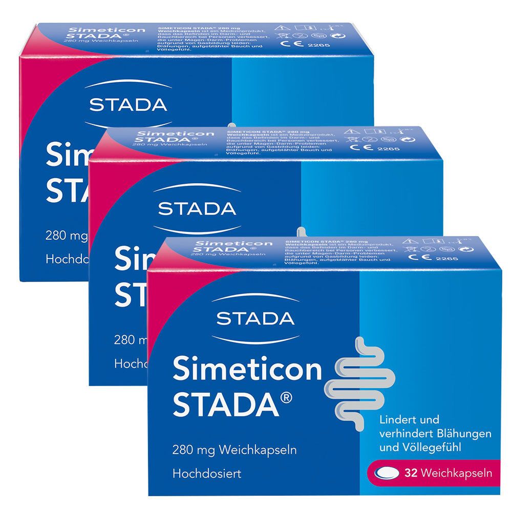 Drei Schachteln Simeticon STADA®. Blaue und rote Verpackung. 280 mg Weichkapseln. STADA Logo.