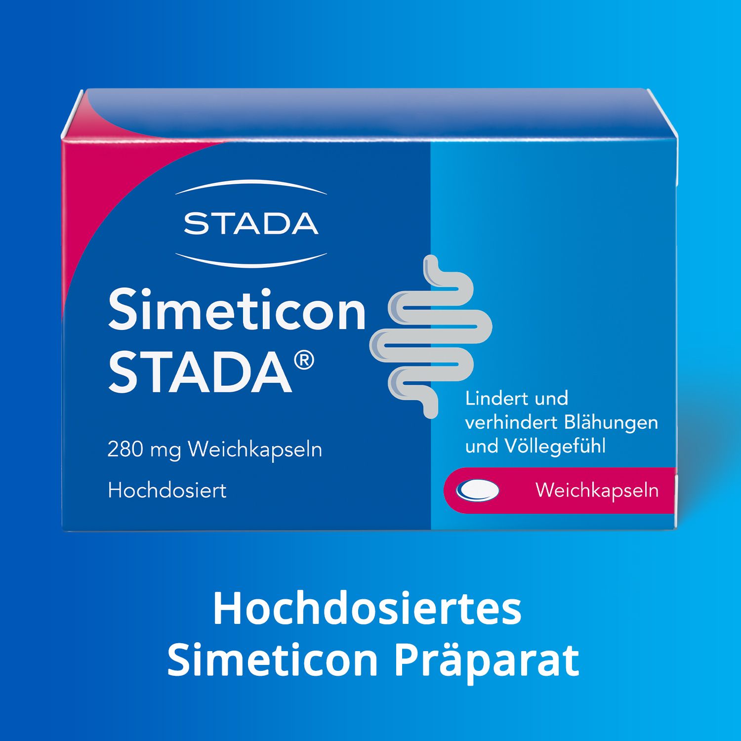 Simeticon STADA® Schachtel. Blaue und rote Verpackung. 280 mg Weichkapseln. STADA Logo.