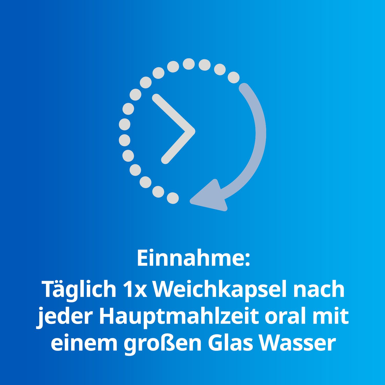 Grafik: Uhr mit Pfeil. Text: Einnahme: Täglich 1x Weichkapsel nach jeder Mahlzeit.