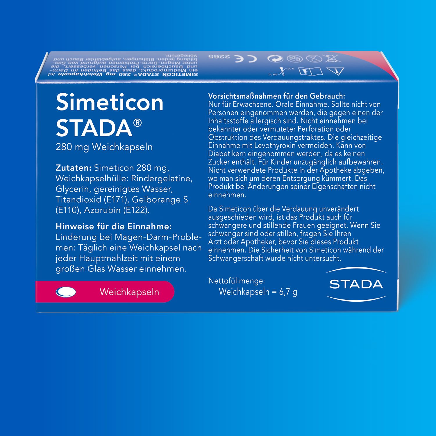 Rückseite der Simeticon STADA® Verpackung. Text und Inhaltsstoffe. STADA Logo.