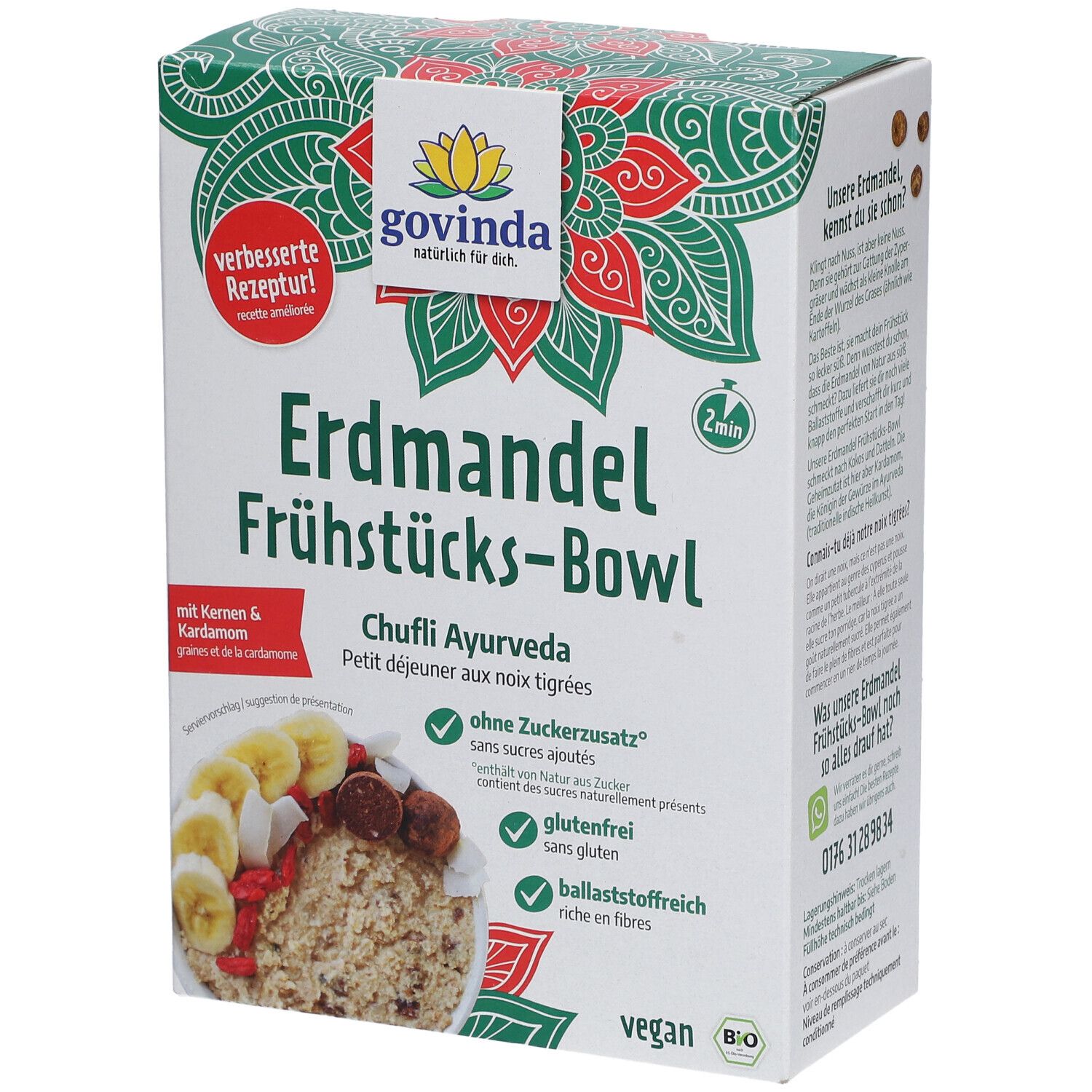 Verpackung von Govinda Erdmandel Frühstücks-Bowl. Text: Erdmandel Frühstücks-Bowl, Chufli Ayurveda, ohne Zuckerzusatz, glutenfrei, ballaststoffreich, vegan.