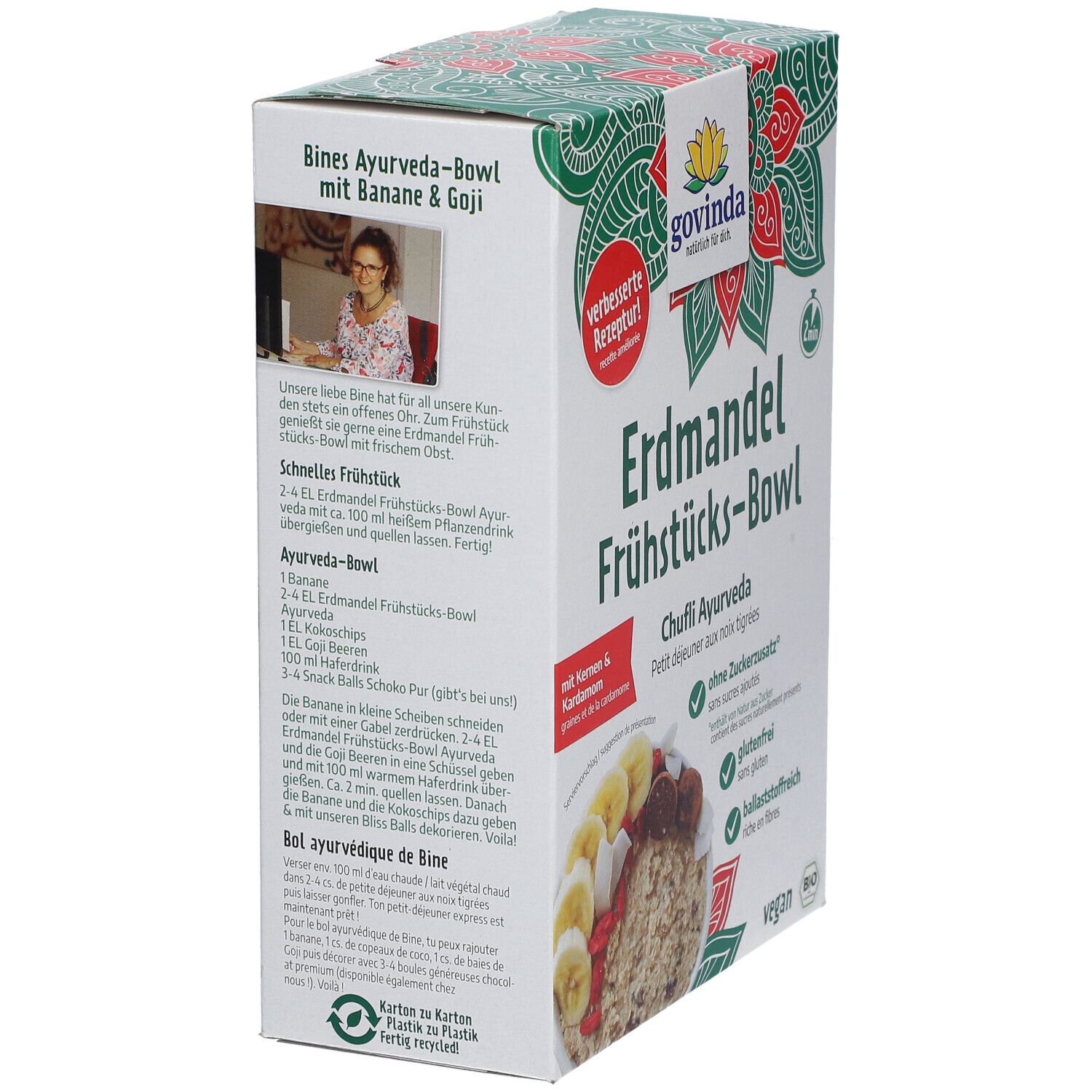 Verpackung von Govinda Erdmandel Frühstücks-Bowl. Text: Erdmandel Frühstücks-Bowl, Chufli Ayurveda, ohne Zuckerzusatz, glutenfrei, ballaststoffreich, vegan.