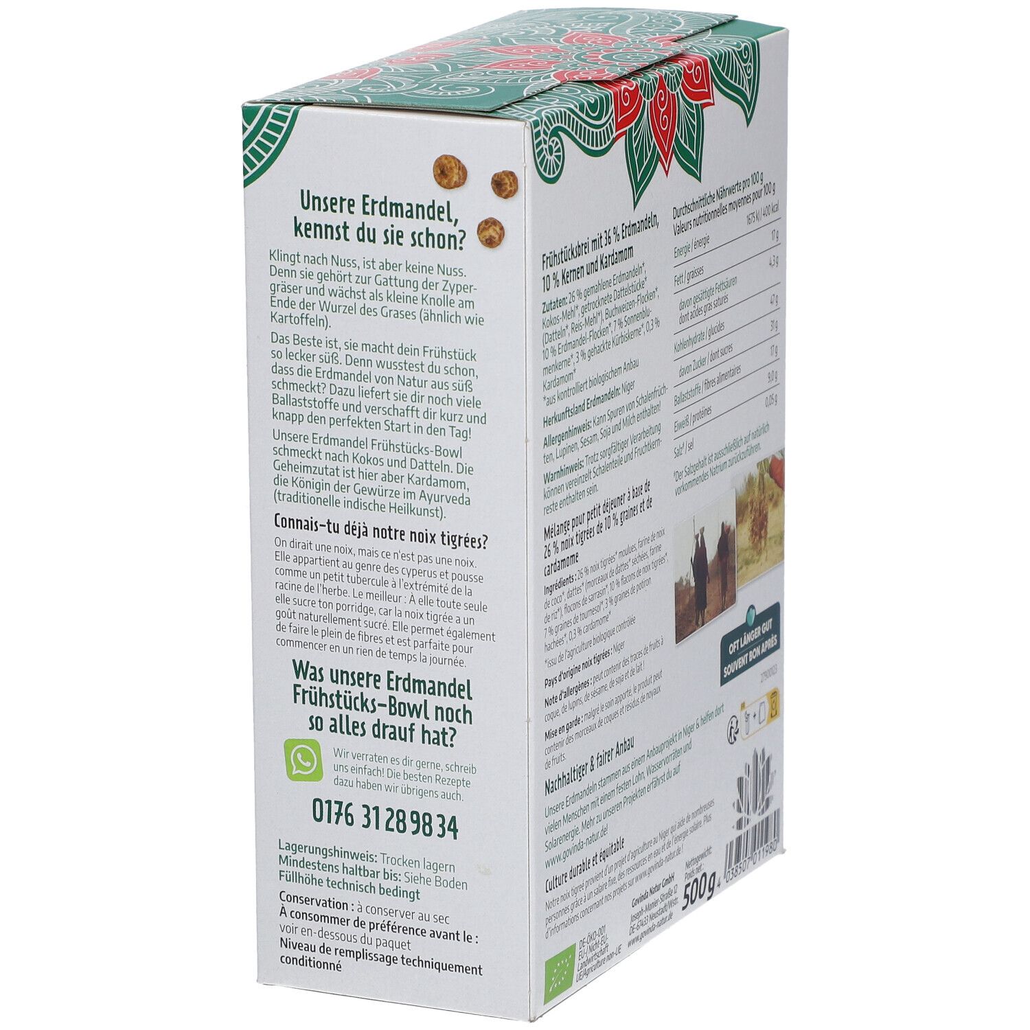 Verpackung von Govinda Erdmandel Frühstücks-Bowl. Text: Erdmandel Frühstücks-Bowl, Chufli Ayurveda, ohne Zuckerzusatz, glutenfrei, ballaststoffreich, vegan.