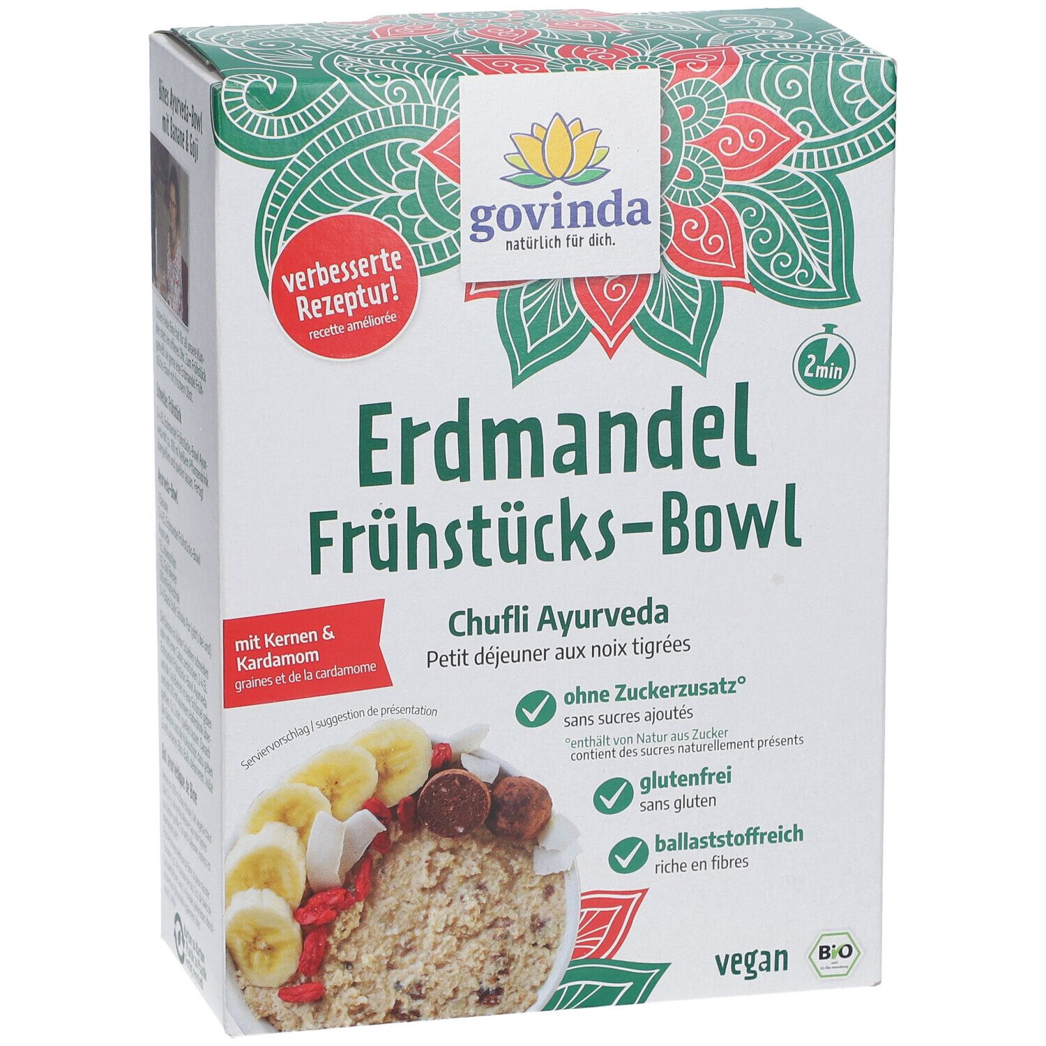 Verpackung von Govinda Erdmandel Frühstücks-Bowl. Text: Erdmandel Frühstücks-Bowl, Chufli Ayurveda, ohne Zuckerzusatz, glutenfrei, ballaststoffreich, vegan.
