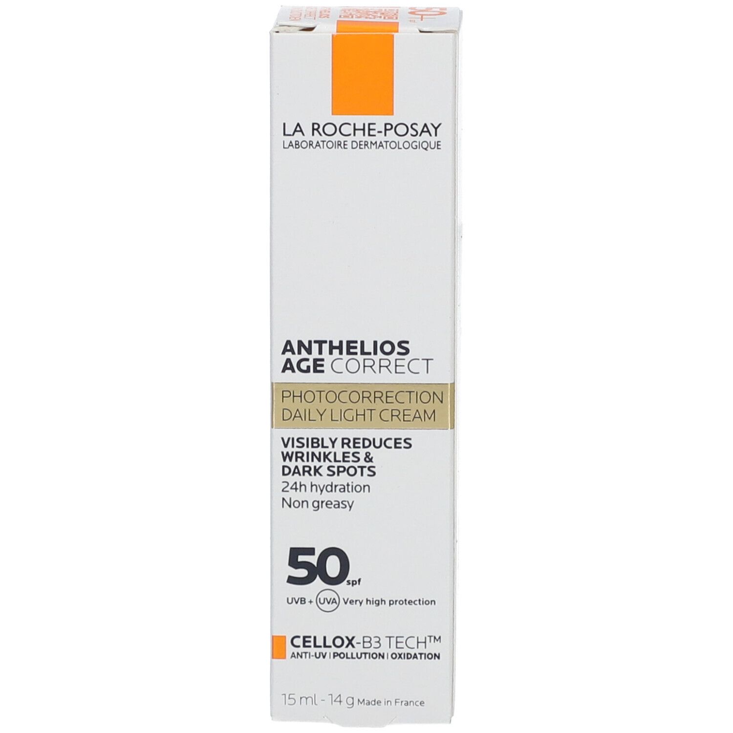 Weißer Karton mit Produktinformationen. Aufschrift: Anthelios Age Correct, Daily Light Cream, 50 SPF. Enthält CELLOX-B3 TECH. 15 ml.
