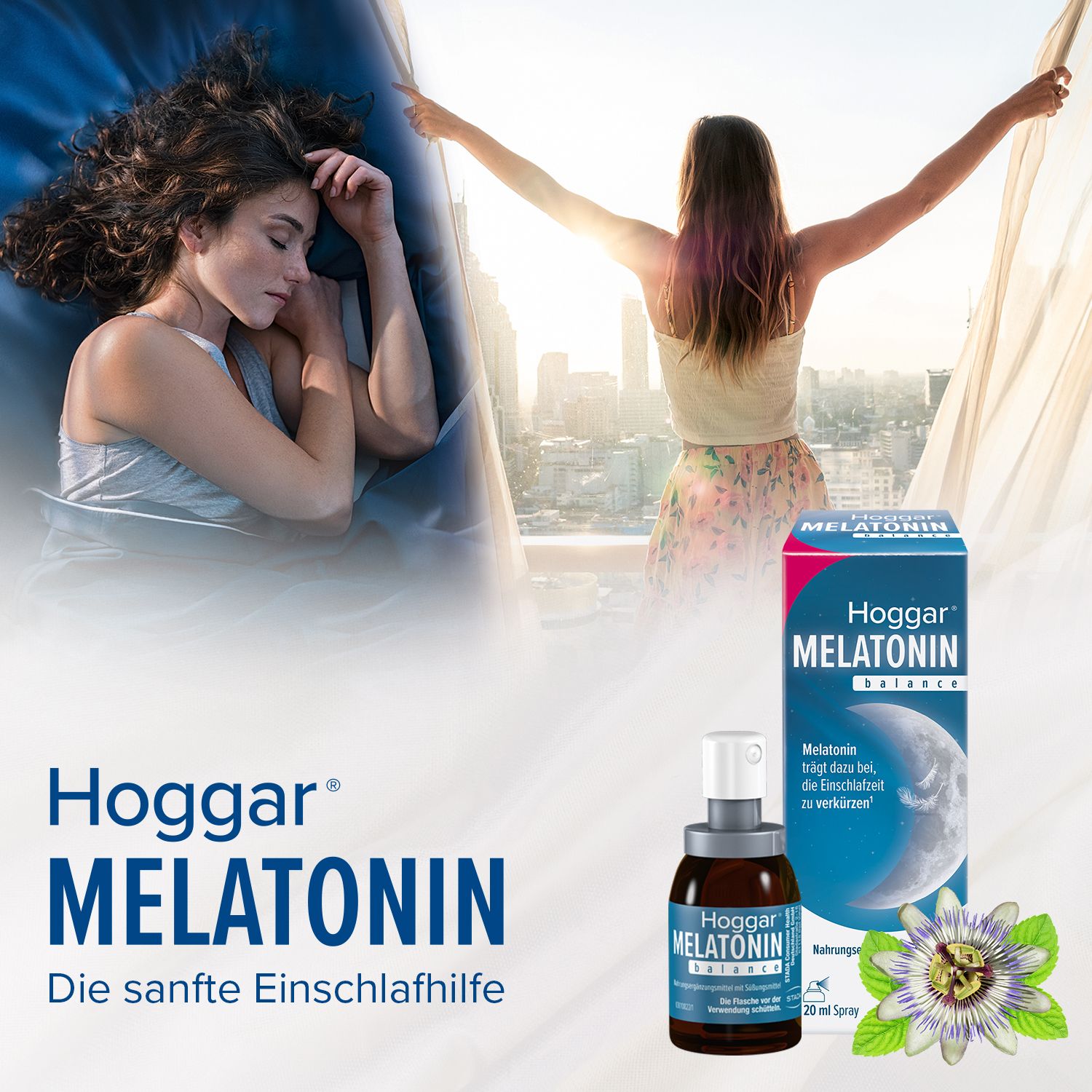 Frau schläft und Frau öffnet Fenster. Hoggar® Melatonin Spray und Schachtel. Aufschrift: Die sanfte Einschlafhilfe.