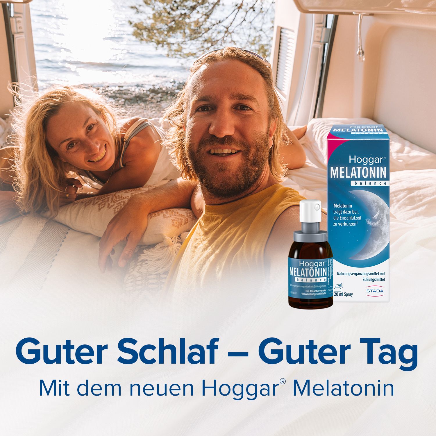 Paar im Bett. Hoggar® Melatonin Spray und Schachtel. Text: Guter Schlaf – Guter Tag. Mit dem neuen Hoggar® Melatonin.