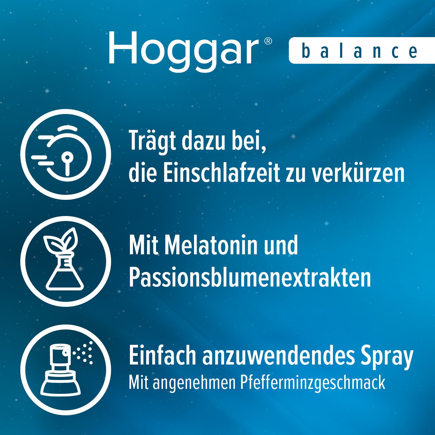 Symbole: Uhr, Pflanze, Spray. Text: Trägt dazu bei, die Einschlafzeit zu verkürzen. Einfach anzuwendendes Spray.