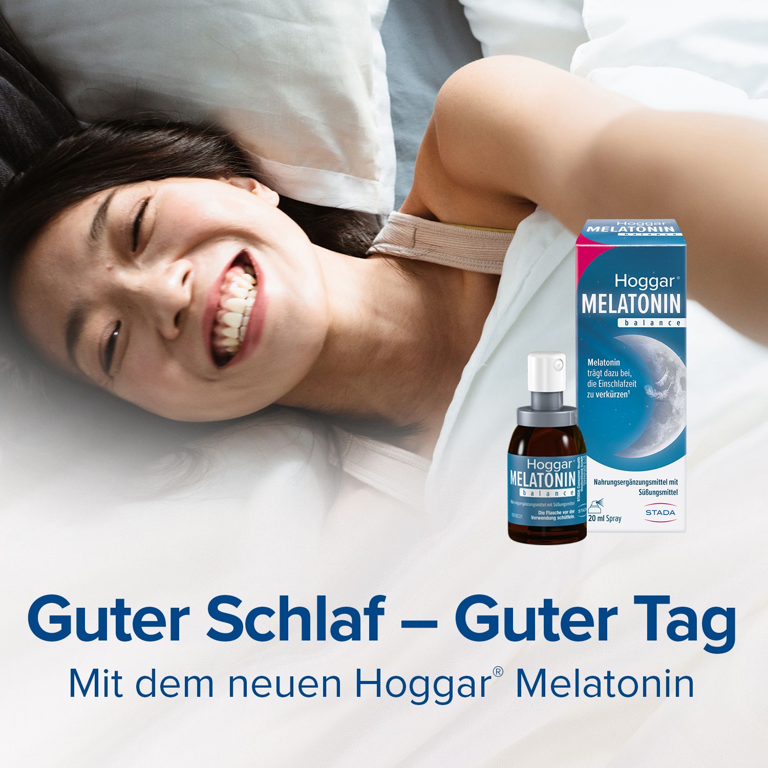 Frau im Bett. Hoggar® Melatonin Spray und Schachtel. Text: Guter Schlaf – Guter Tag. Mit dem neuen Hoggar® Melatonin.