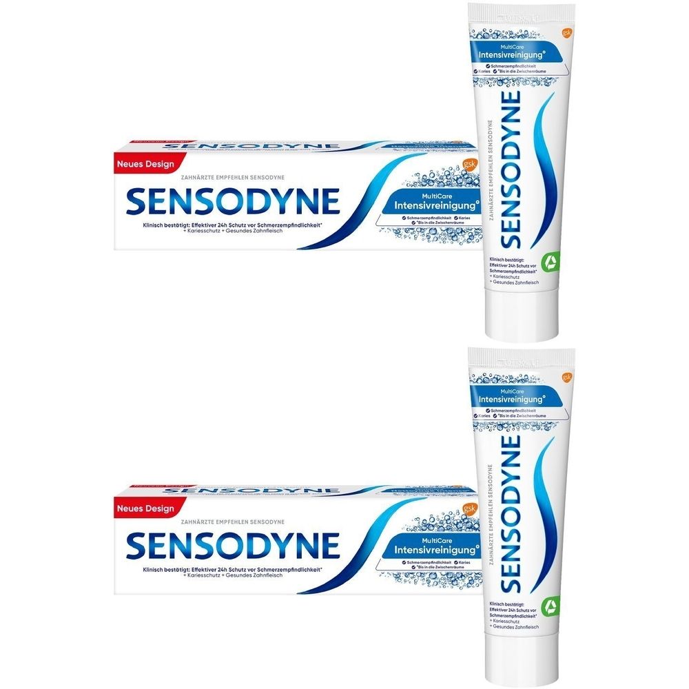 Zahnpasta-Tuben und -Schachteln. Aufschrift Sensodyne MultiCare Intensivreinigung. Verpackung mit Schriftzug 'Neues Design'.