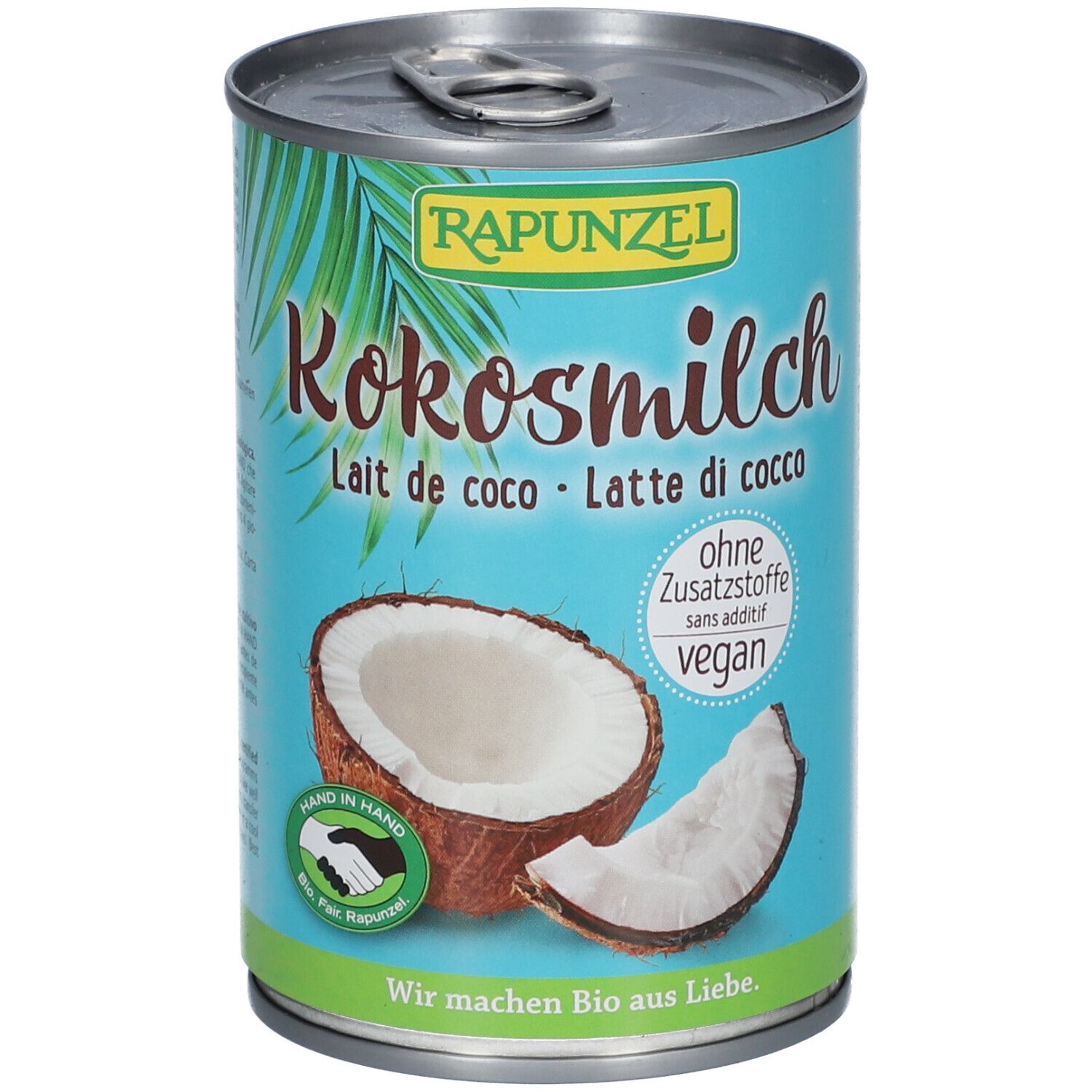 Dose Kokosmilch. Marke RAPUNZEL. Aufschrift: Kokosmilch, Lait de coco, Latte di cocco. Ohne Zusatzstoffe, vegan.