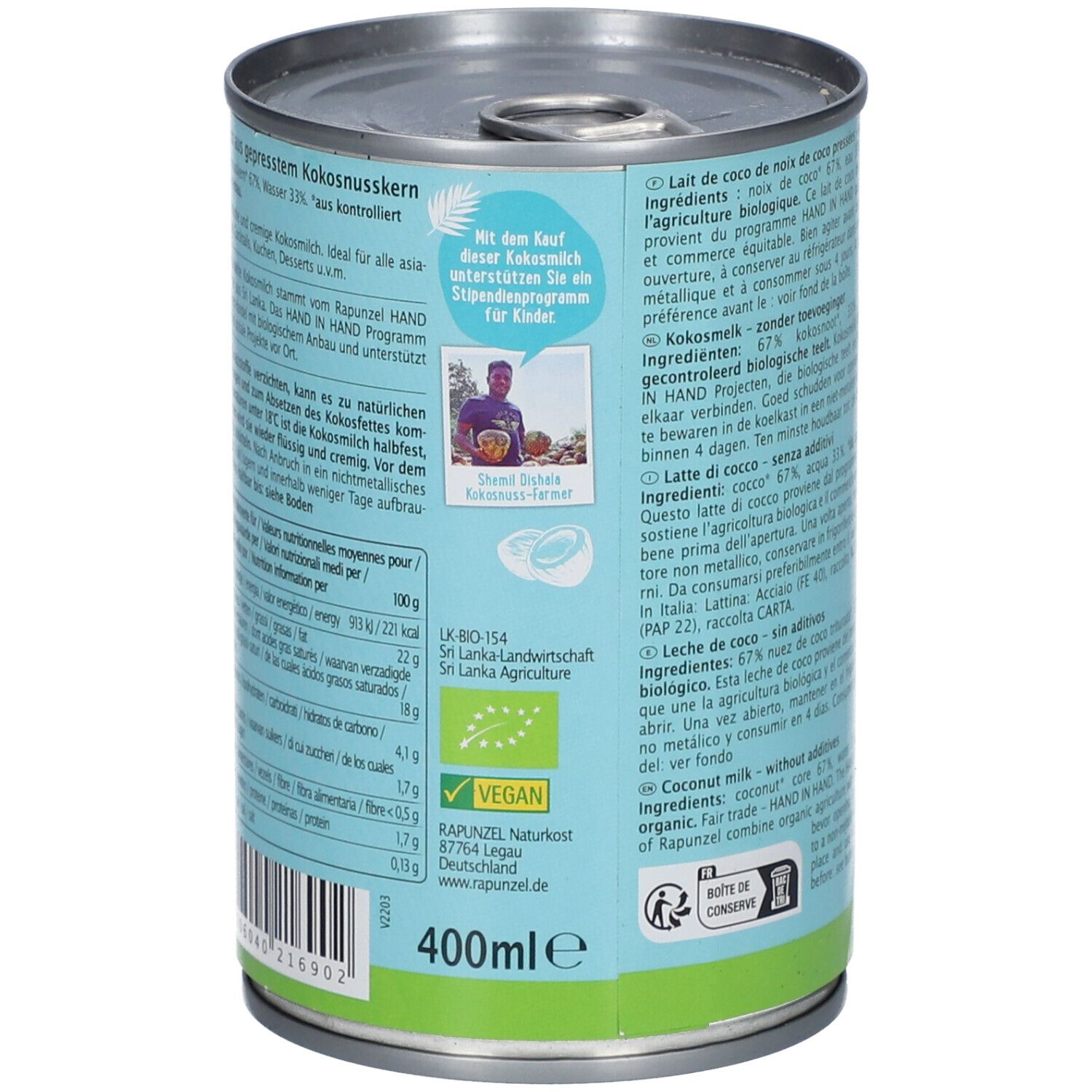 Dose Kokosmilch. Marke RAPUNZEL. Aufschrift: Kokosmilch, Lait de coco, Latte di cocco. Vegan, 400ml. Bio-Siegel.