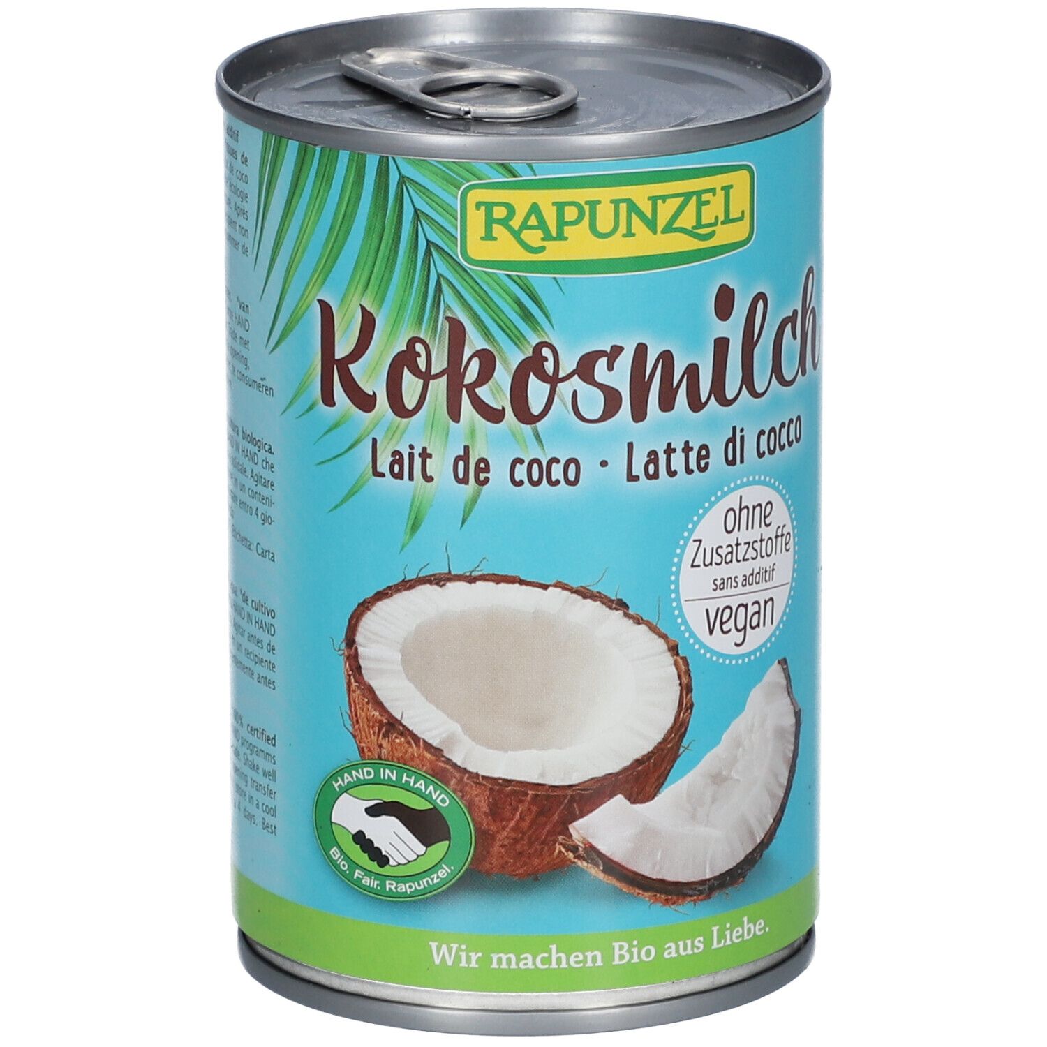 Dose Kokosmilch. Marke RAPUNZEL. Aufschrift: Kokosmilch, Lait de coco, Latte di cocco. Ohne Zusatzstoffe, vegan.