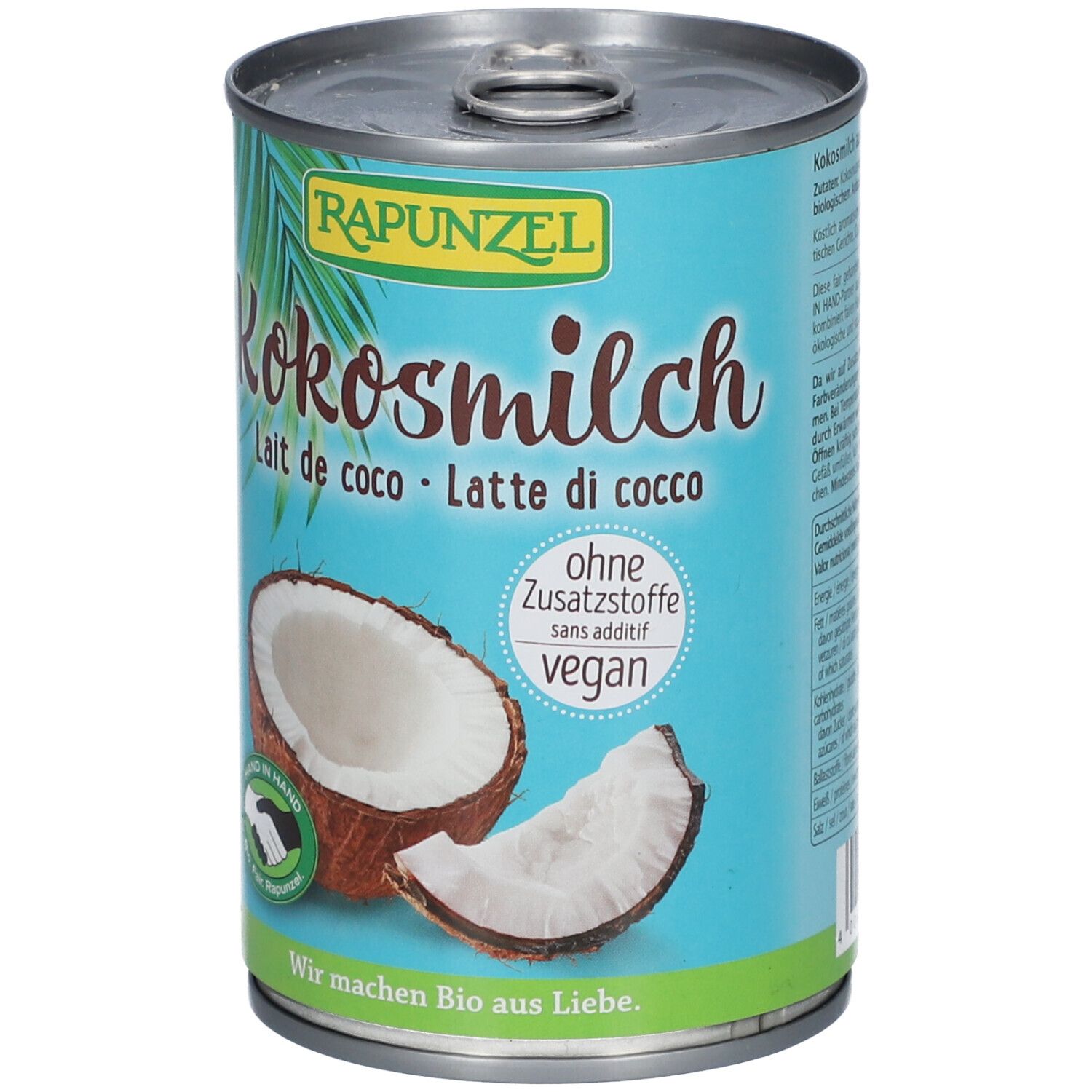 Dose Kokosmilch. Marke RAPUNZEL. Aufschrift: Kokosmilch, Lait de coco, Latte di cocco. Ohne Zusatzstoffe, vegan.