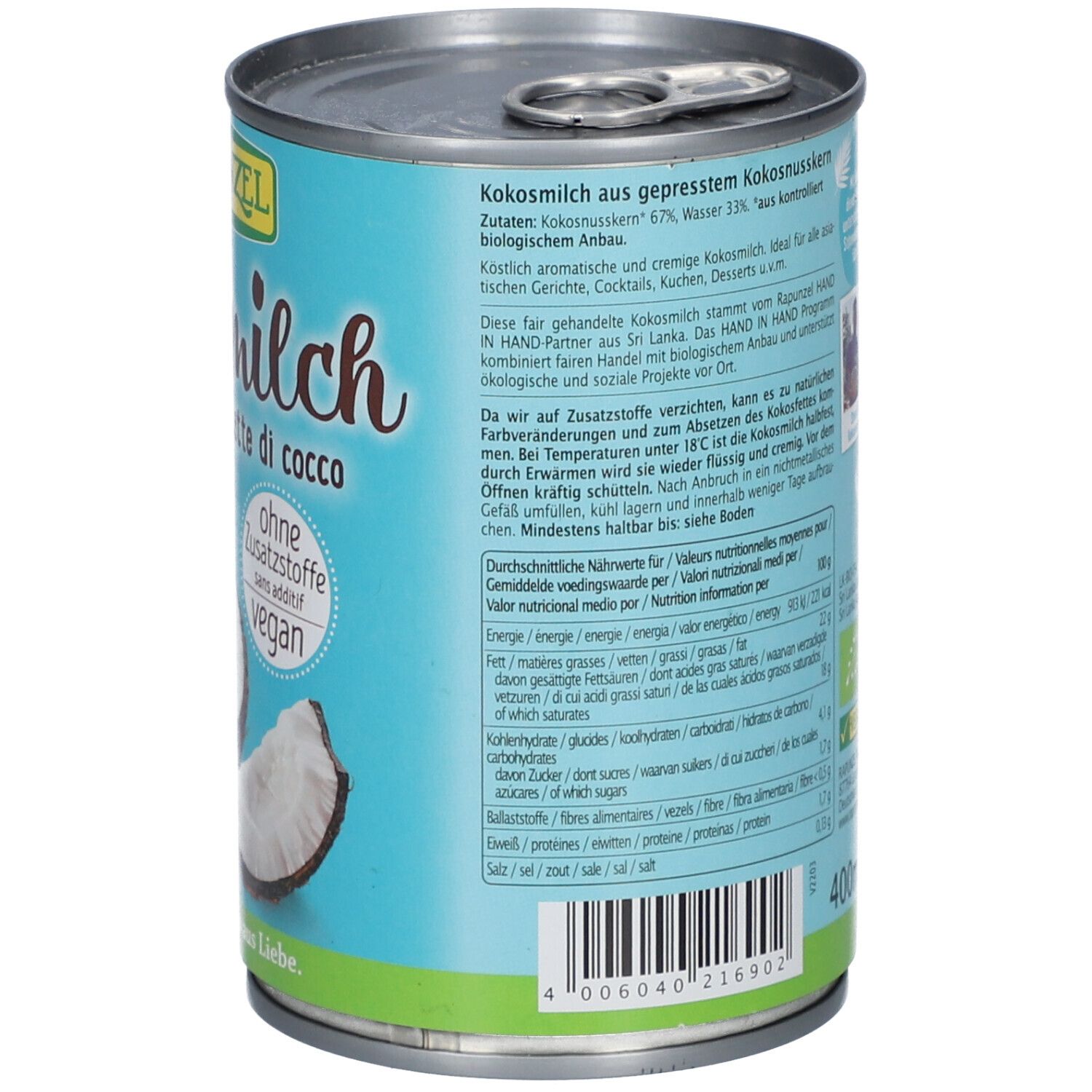 Rückseite der Dose Kokosmilch. Text in Deutsch, Französisch, Italienisch, Niederländisch und Englisch. Nährwertangaben.