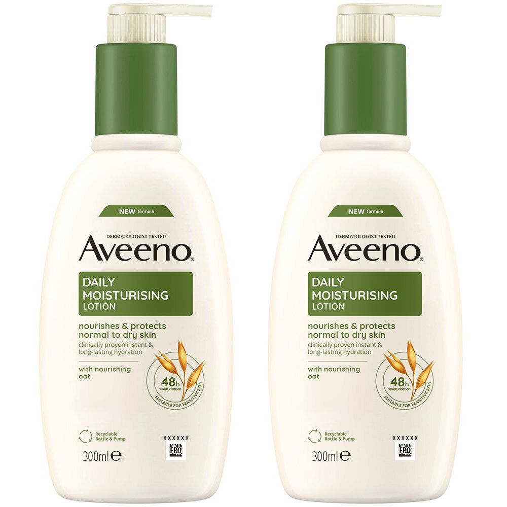 Zwei Flaschen Aveeno Daily Moisturising Bodylotion mit Pumpverschluss. Aufschrift: Daily Moisturising Lotion, 300ml.