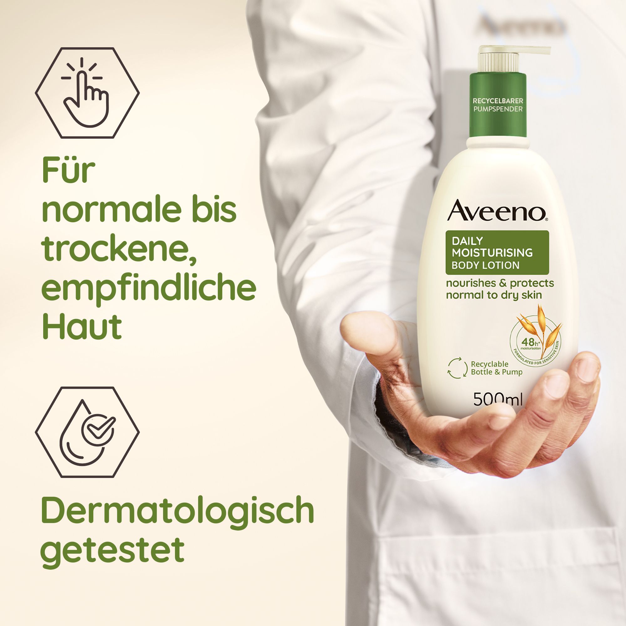 Person hält Aveeno Daily Moisturising Bodylotion. Text: Für normale bis trockene, empfindliche Haut. Dermatologisch getestet.