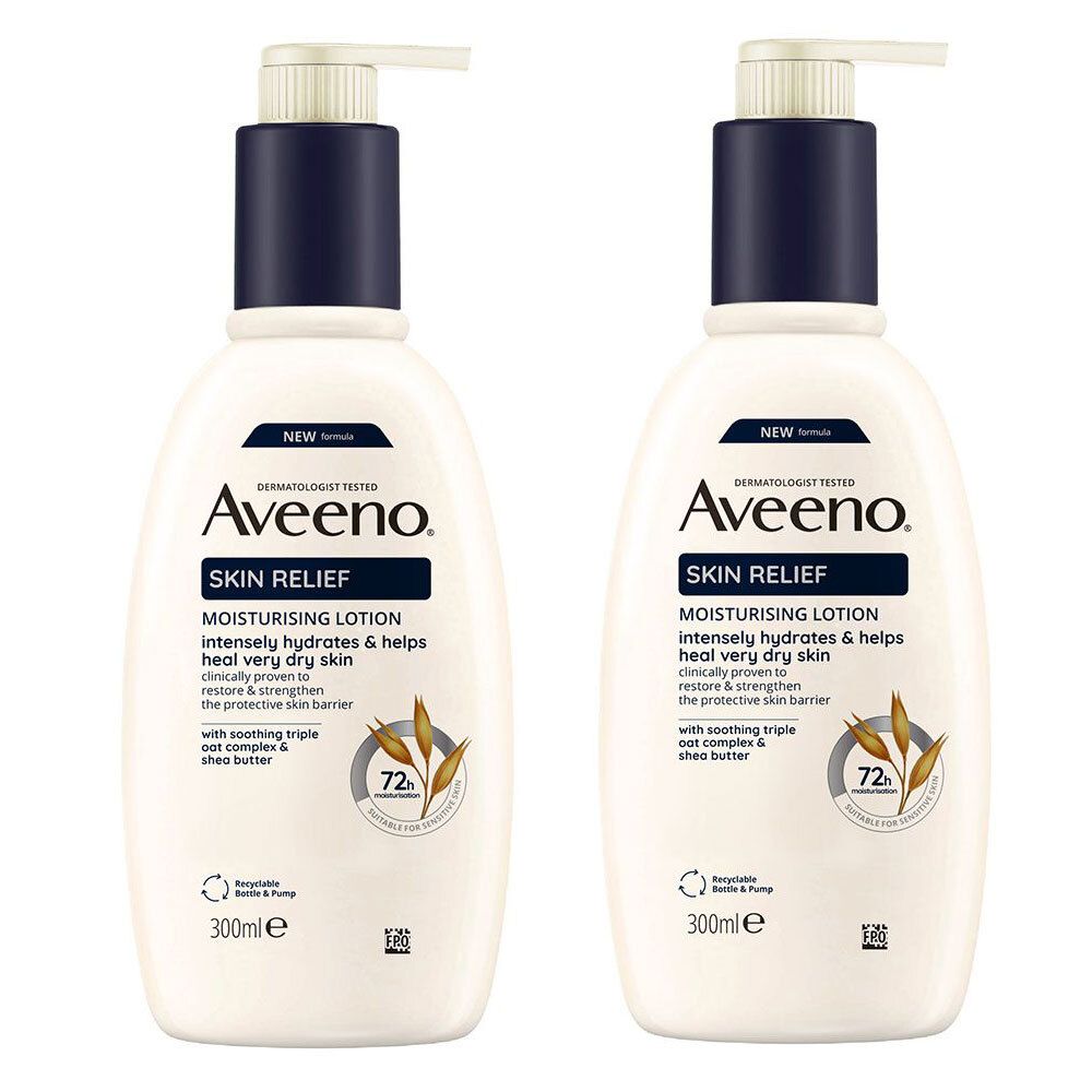 Zwei weiße Flaschen Aveeno Skin Relief Lotion mit Pumpverschluss. Aufschrift: Skin Relief, feuchtigkeitsspendende Lotion.