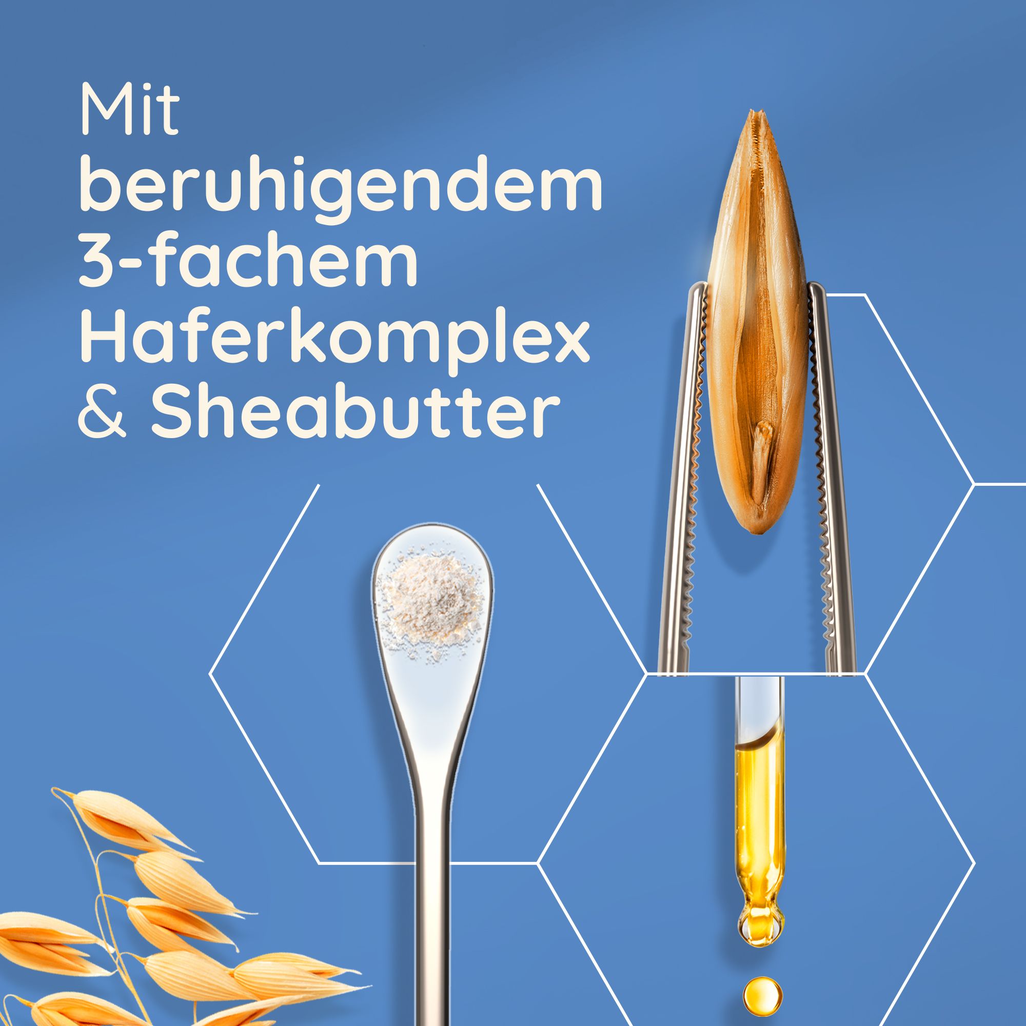 Abbildung von Haferkomplex und Sheabutter. Text: Mit beruhigendem 3-fachem Haferkomplex & Sheabutter.